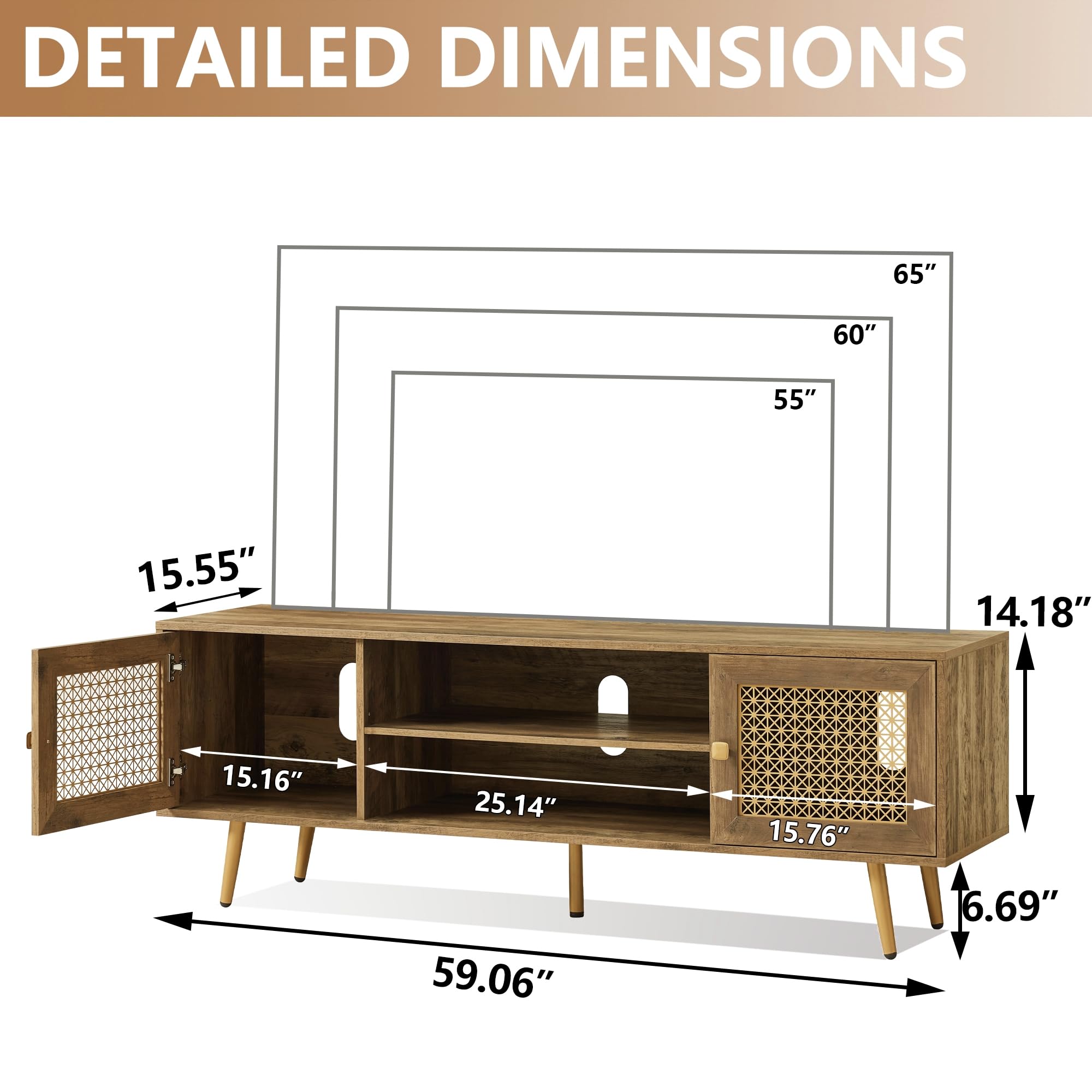 Mid Century Modern TV Stand with Metal Mesh Doors & Open Shelf for 65