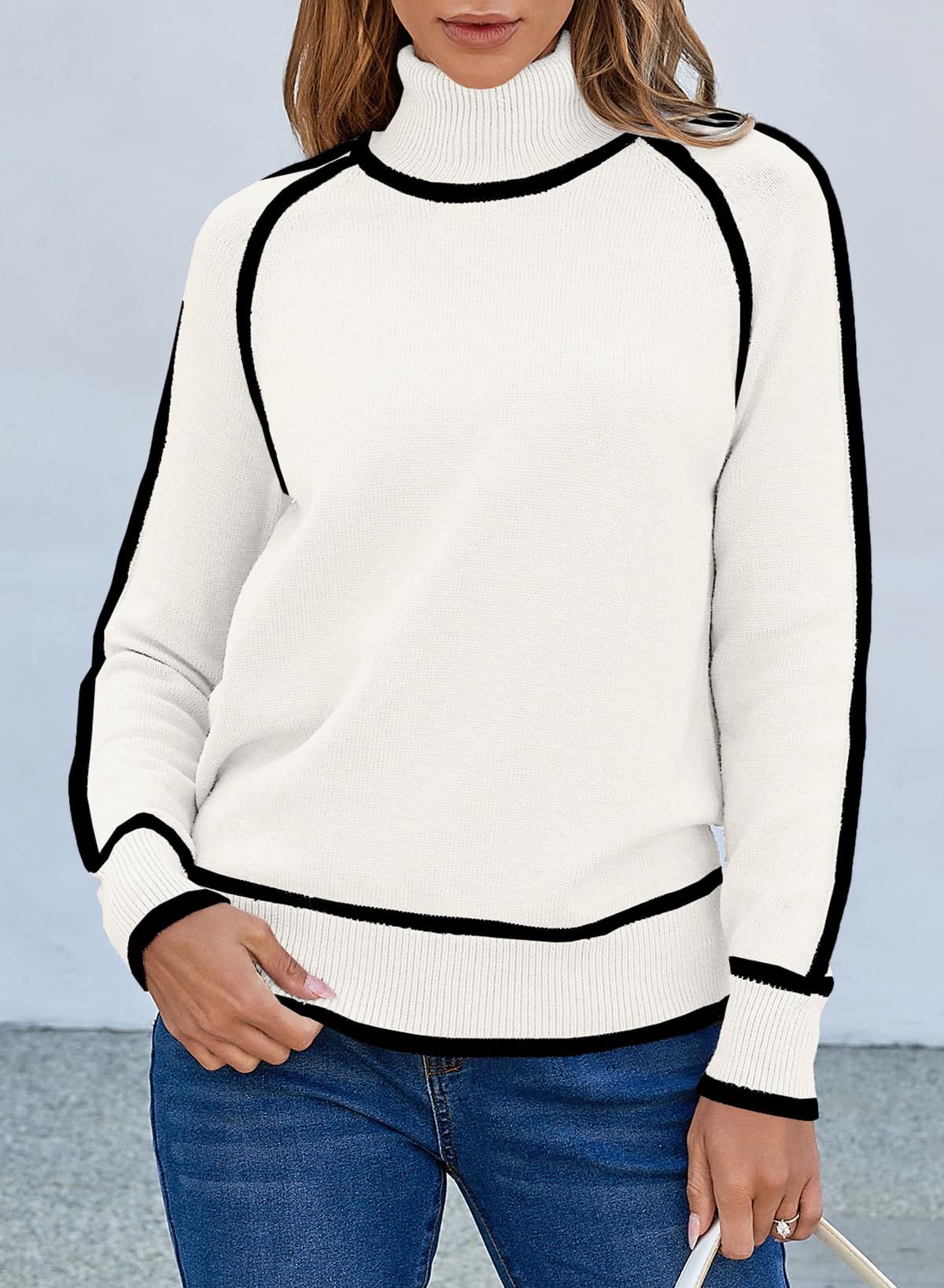 EVALESS Women's Long Sleeve Turtleneck Sweater - Casual Loose Knit Pullover, Color Block Cozy Top for Fall/Winter | Perfect for Office, Date Night & Holiday Outfits