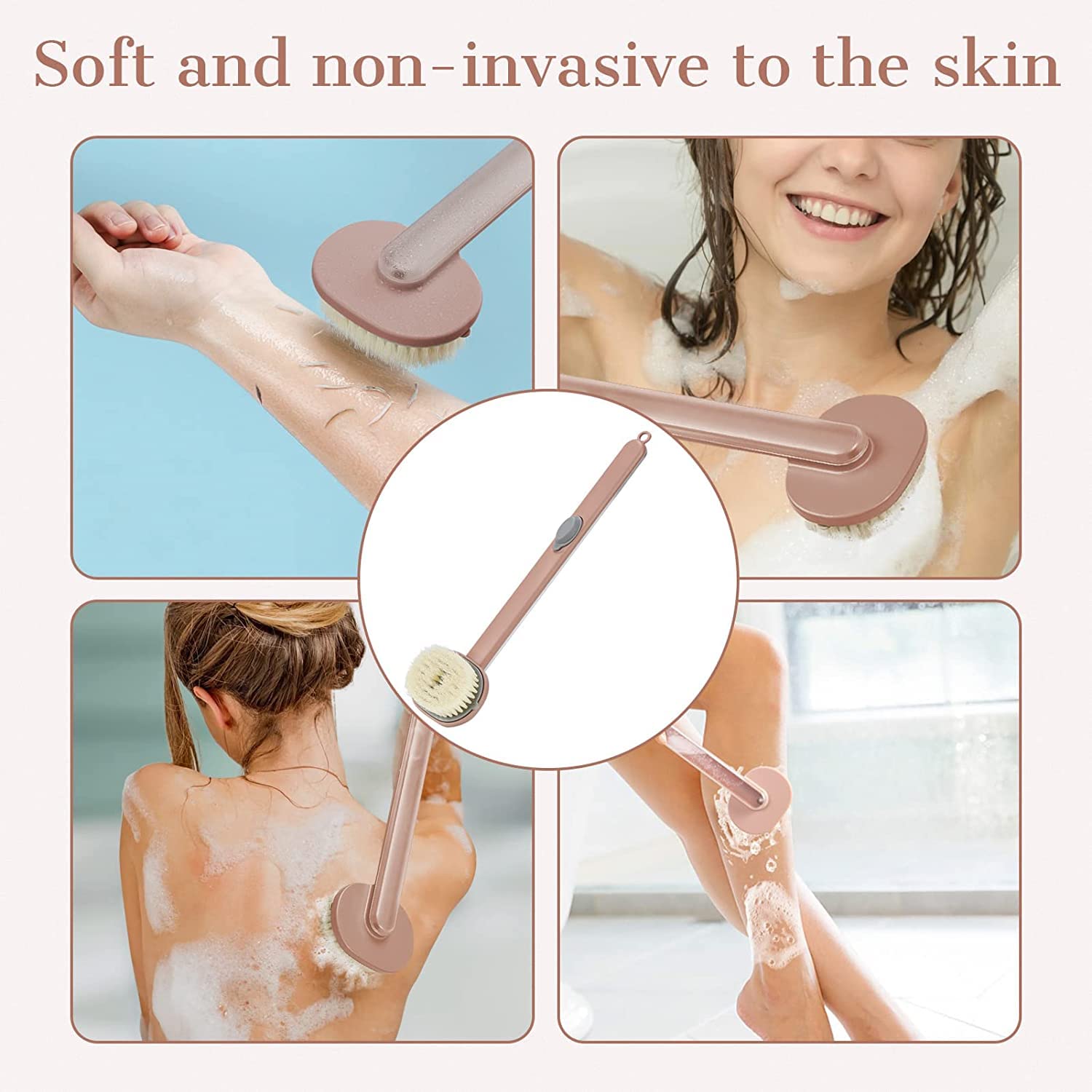 SANTINA Long Handle Soft Bristle Bath Brush with Soap Dispenser - Exfoliating Shower Scrubber for Men & Women - Back Massage & Body Cleansing - Perfect for Deep Cleaning & Skin Exfoliation in Shower or Bath