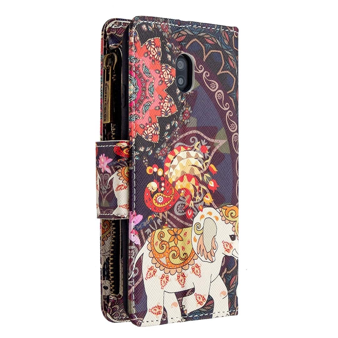 Premium Leather Flip Wallet Case for Xiaomi Redmi 8A - Stylish Zipper Design with Card Slots & Holder (Flower Elephants Pattern) | Perfect for Daily Use, Travel & Business Meetings