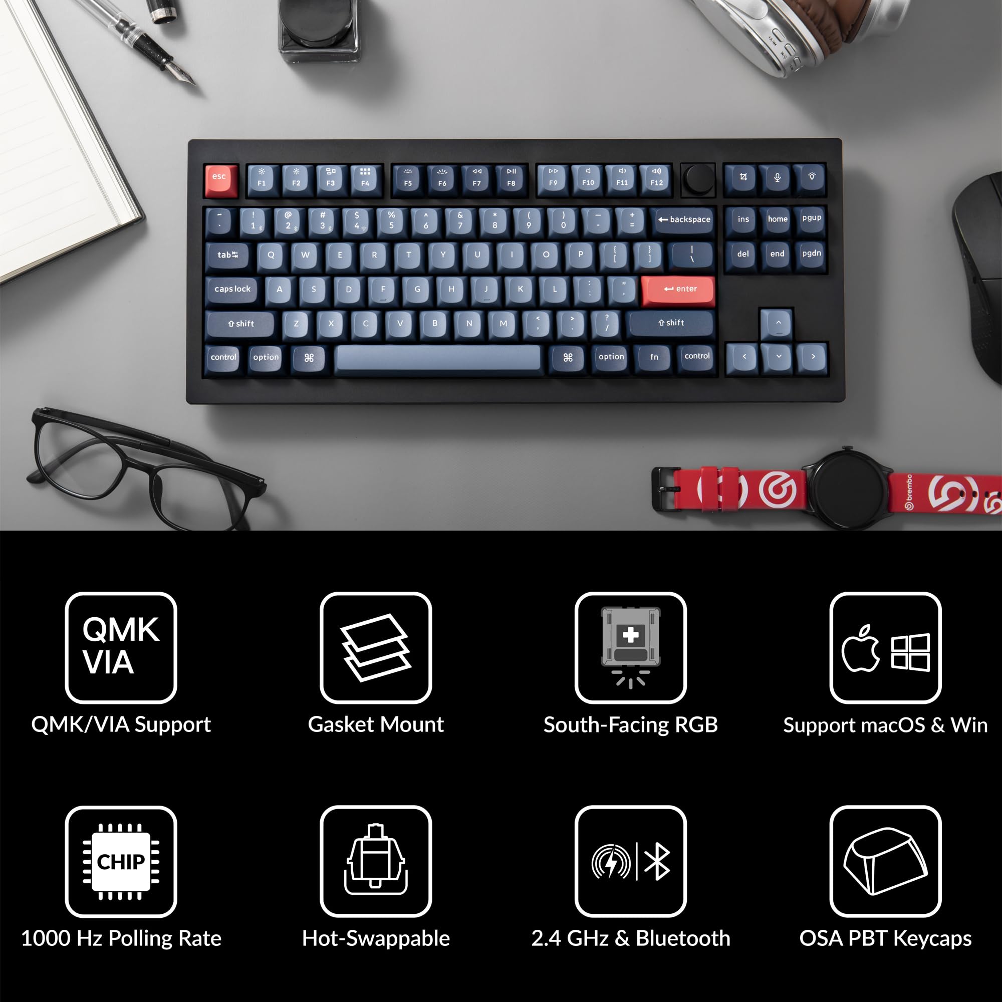 Keychron V3 Max 80% Wireless Custom Mechanical Keyboard with Knob - QMK/VIA Programmable, Hot-Swappable Gateron Jupiter Banana Switches, Bluetooth 5.1/2.4GHz/Wired RGB Backlit - Compatible with Mac & Windows - Perfect for Gaming, Coding & Office Work