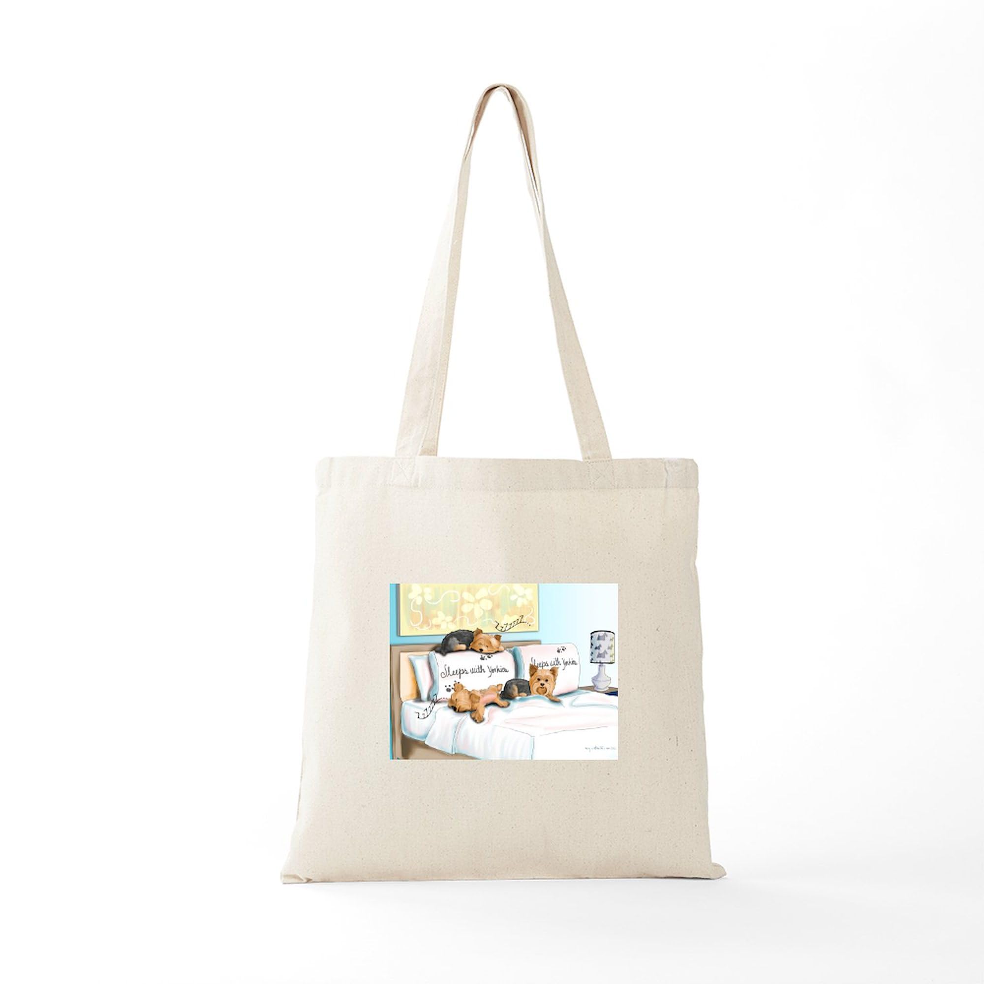 Sleeps With Yorkies Tote Bag - Natural Canvas Reusable Shopping Bag for Women | Eco-Friendly Grocery Tote for Dog Lovers, Pet Owners & Yorkie Fans | Perfect for Shopping, Beach Trips & Daily Use