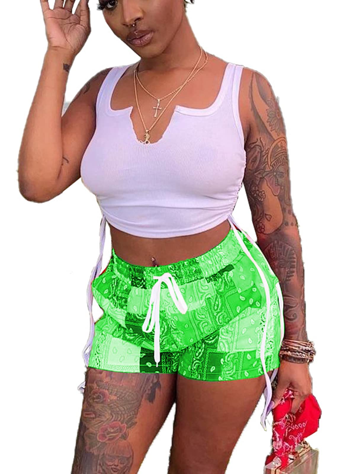Acelyn Women's Sexy 2-Piece Short Sets - Summer Crop Tank Top & Patchwork Shorts Outfit | Casual Beachwear, Street Style & Vacation Outfits for Women