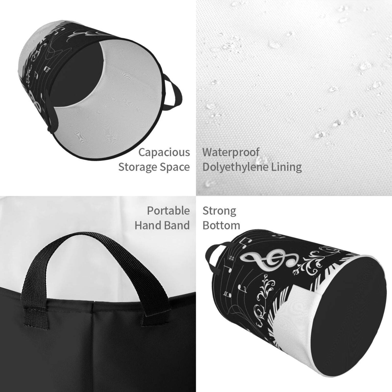 Black Music Notes Collapsible Laundry Basket with Handle - Waterproof Fabric Hamper Organizer for Dirty Clothes, Toys & Bathroom Storage - Perfect for Bedroom, Dorm, Laundry Room & Nursery Organization