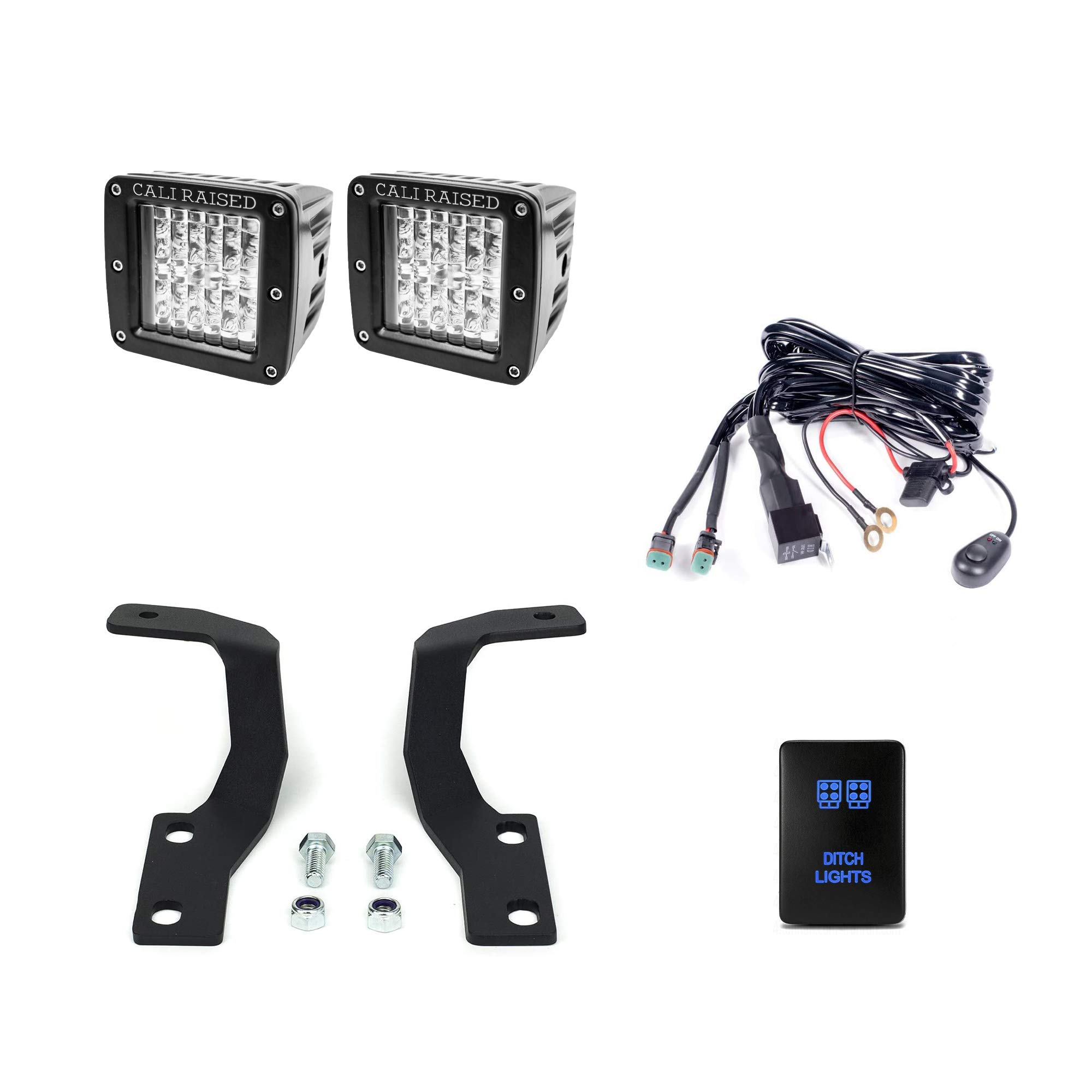 **Cali Raised LED Low Profile Ditch Light Brackets Kit for 2010-2023 Toyota 4Runner - Includes 3x2 18W Amber LED Pods, Wiring Harness & OEM Style Switch - Perfect for Off-Roading, Night Driving & Enhanced Visibility**
