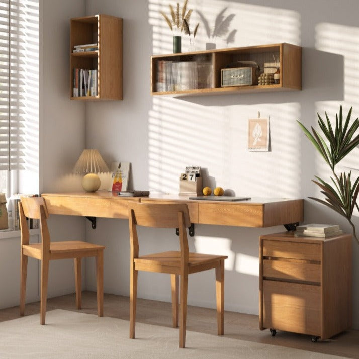 Solid Oak Wood Wall Mounted Floating Desk - Home Office, Study, or Workspace Solution for Small Spaces