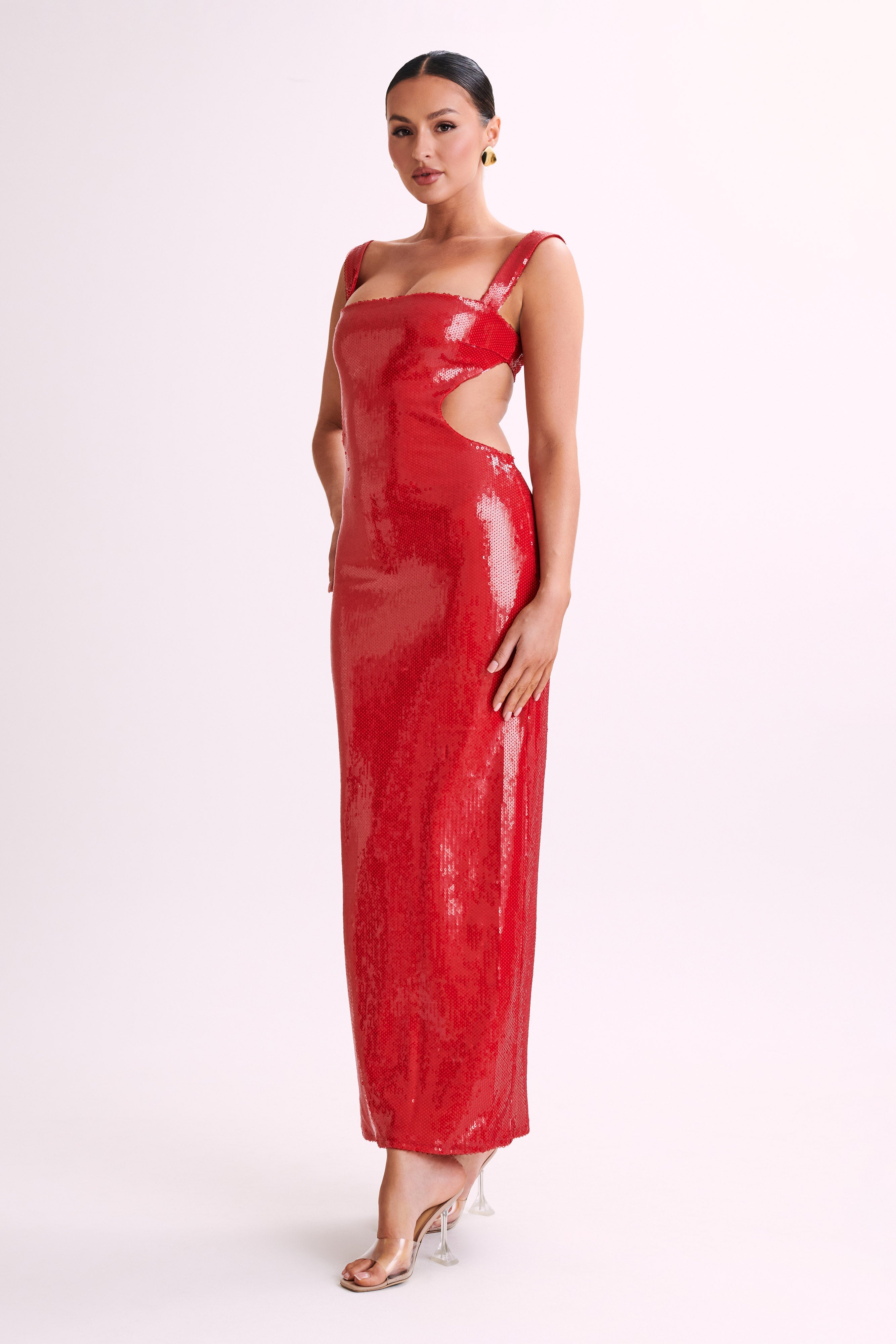 Adoria Sequin Cut Out Maxi Dress for Women - Elegant Red Evening Gown for Parties, Prom, and Special Occasions