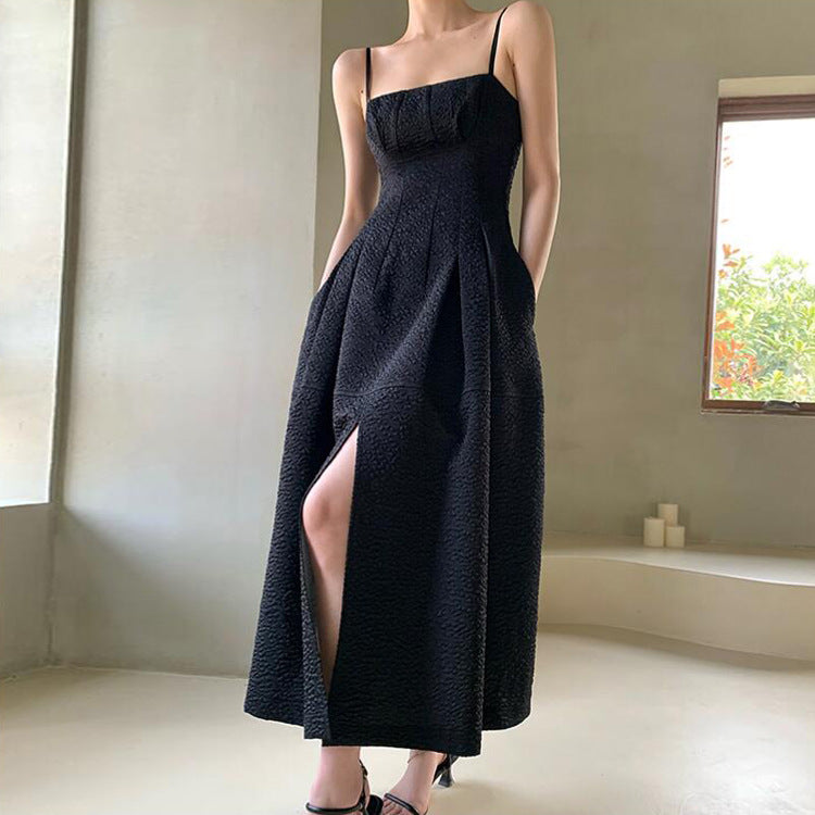 French Retro Black Slit Spaghetti Strap Summer Dress 814 - Elegant Vintage Style for Date Night, Cocktail Parties & Beach Vacations