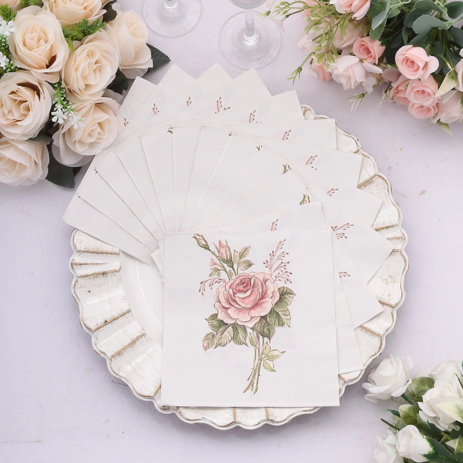 20-Pack Ivory & Pink Rose Cocktail Napkins 13x13 Inch Disposable Paper Napkins for Wedding, Bridal Shower, Birthday Party & Elegant Events
