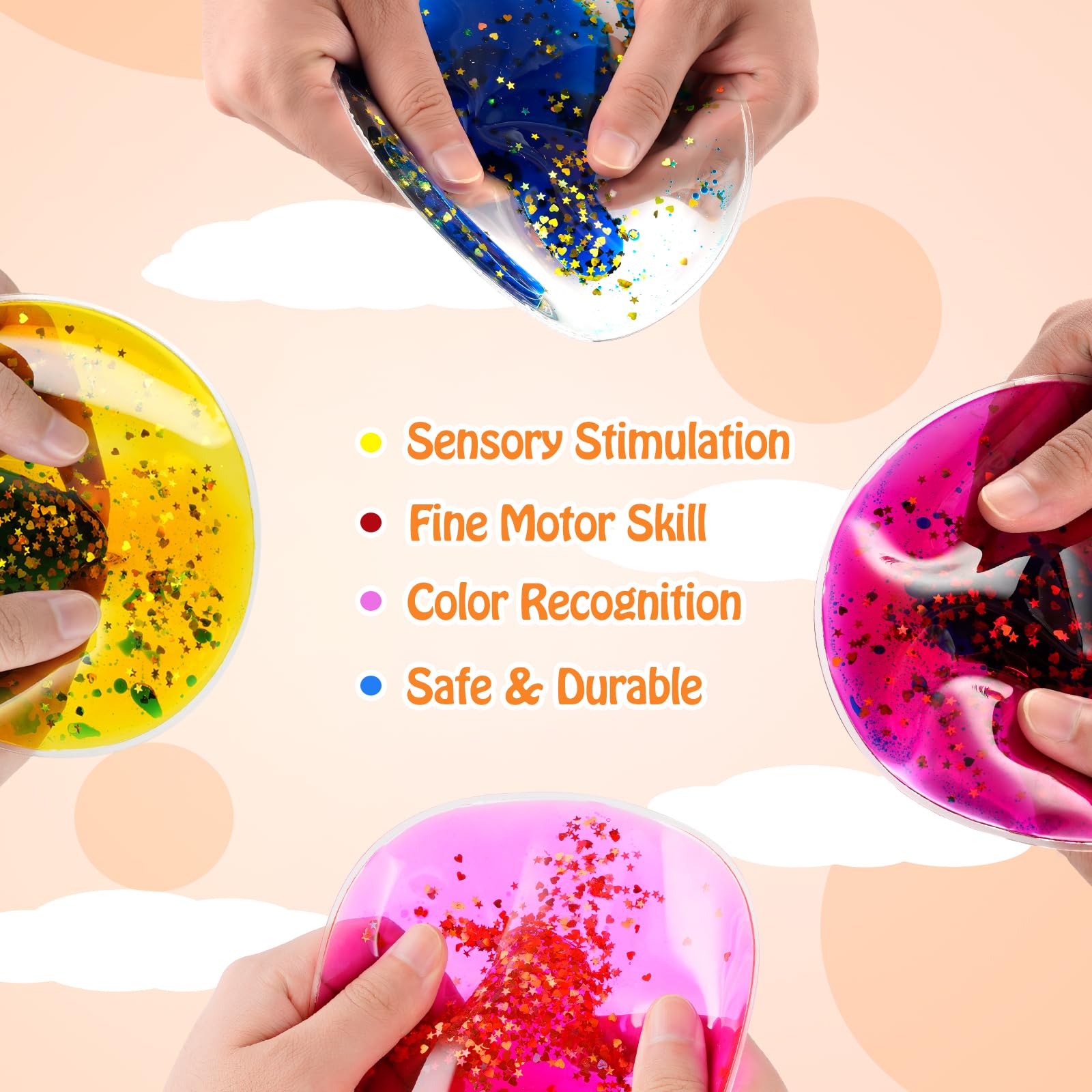 Sensory Soft Gel Liquid Fidget Toys for Kids - 6 Pack Round Water Bead Stress Relief Toys for Autistic Children | Anxiety Relief, ADHD Focus & Classroom Sensory Play