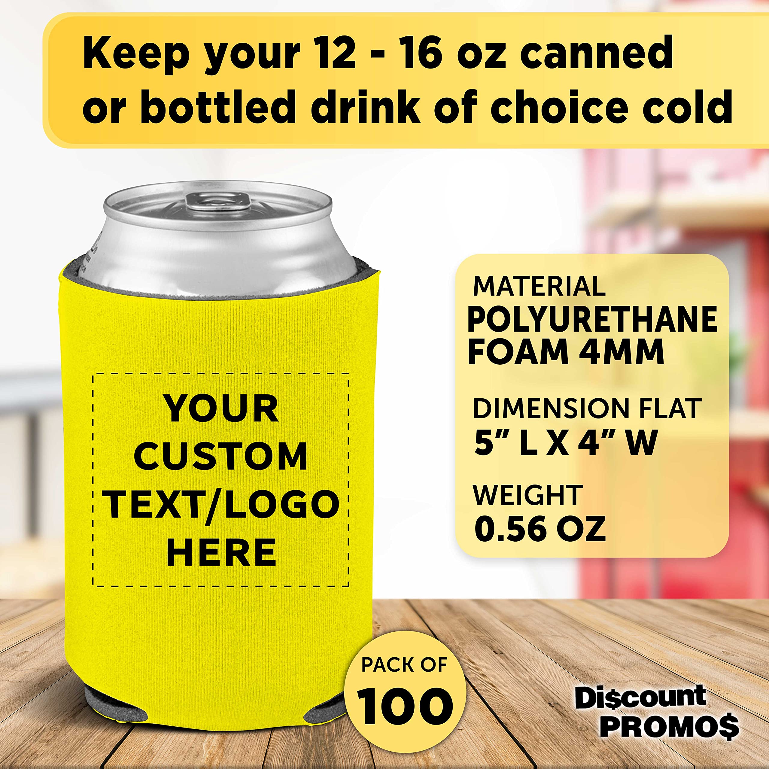 Custom Collapsible Beer Can Coolers 4mm - Bulk Pack of 100 Personalized Insulated Sleeves for Beer, Soda & Beverages - Yellow | Perfect for Parties, BBQs, Tailgating & Outdoor Events