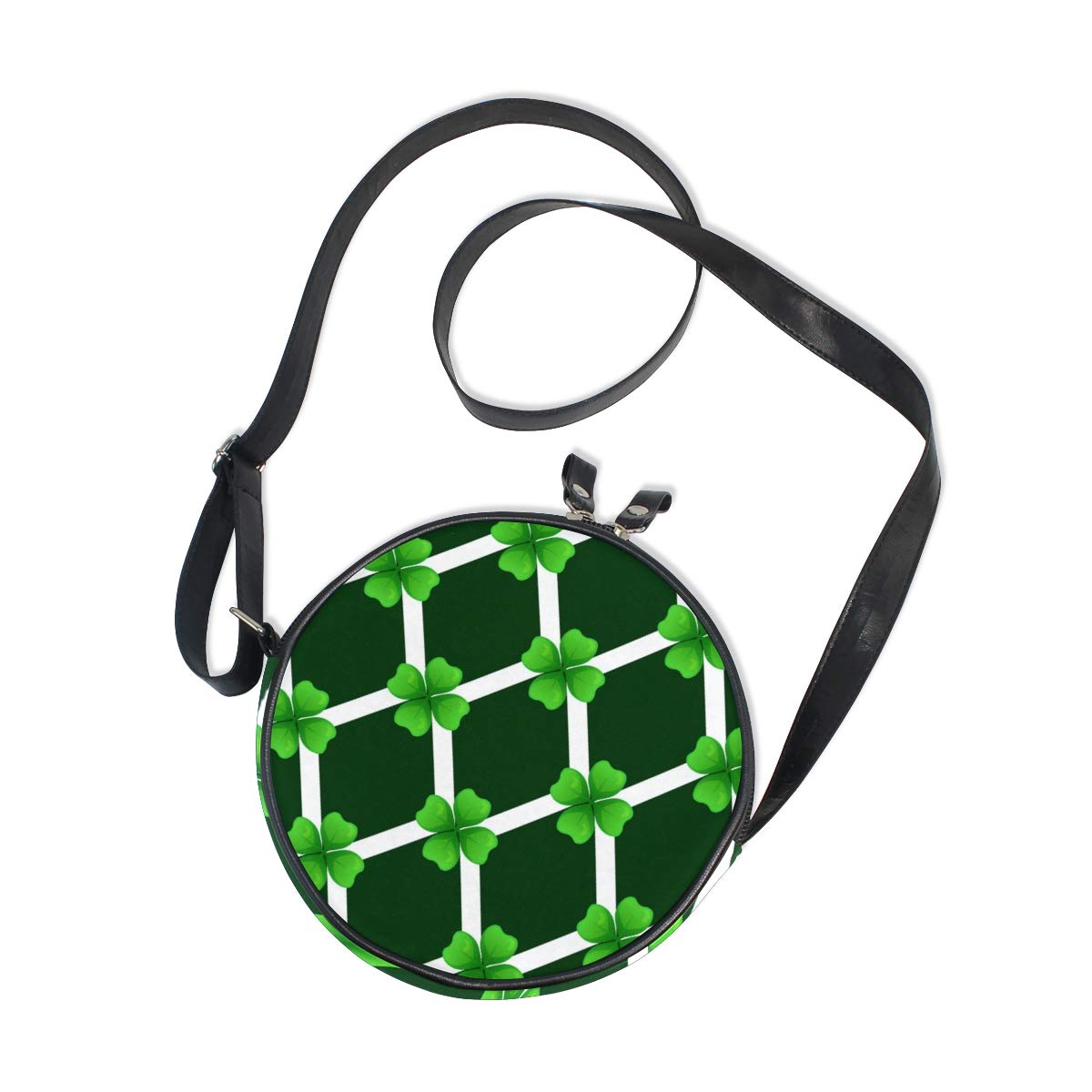Stylish Green Shamrock Diamond Canvas Crossbody Bag for Women - Round Shoulder Purse with Black Background, Perfect for Beach Outings & Casual Daily Use