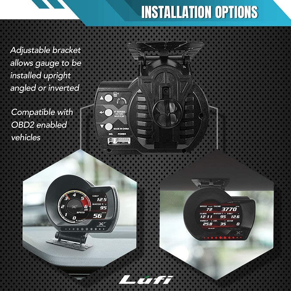 Lufi XF OBD2 Gauge Display - Multi-Function Car Data Monitor with Head Up Display - Fast Response & Highly Customizable - Compatible with Most Vehicles 2007+ (Excludes Boost/Transmission/Oil Temp/Pressure) - Perfect for Performance Tuning, Real-Time Monitoring & Driving Safety