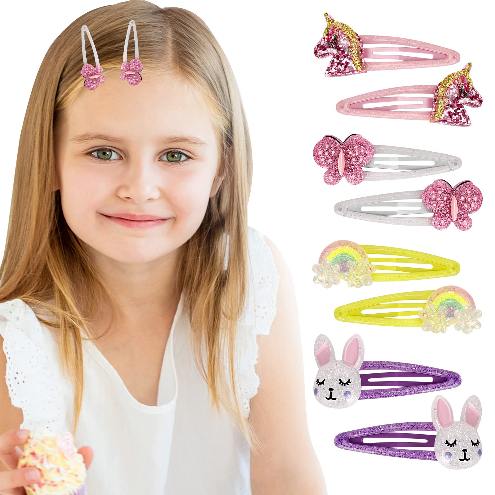 16Pcs Girls Hair Clips Set - Unicorn, Butterfly, Flower & Rabbit Hair Accessories for Toddlers & Kids | Sparkly Rainbow Hair Clips for Birthday Party, Gifts & Daily Wear