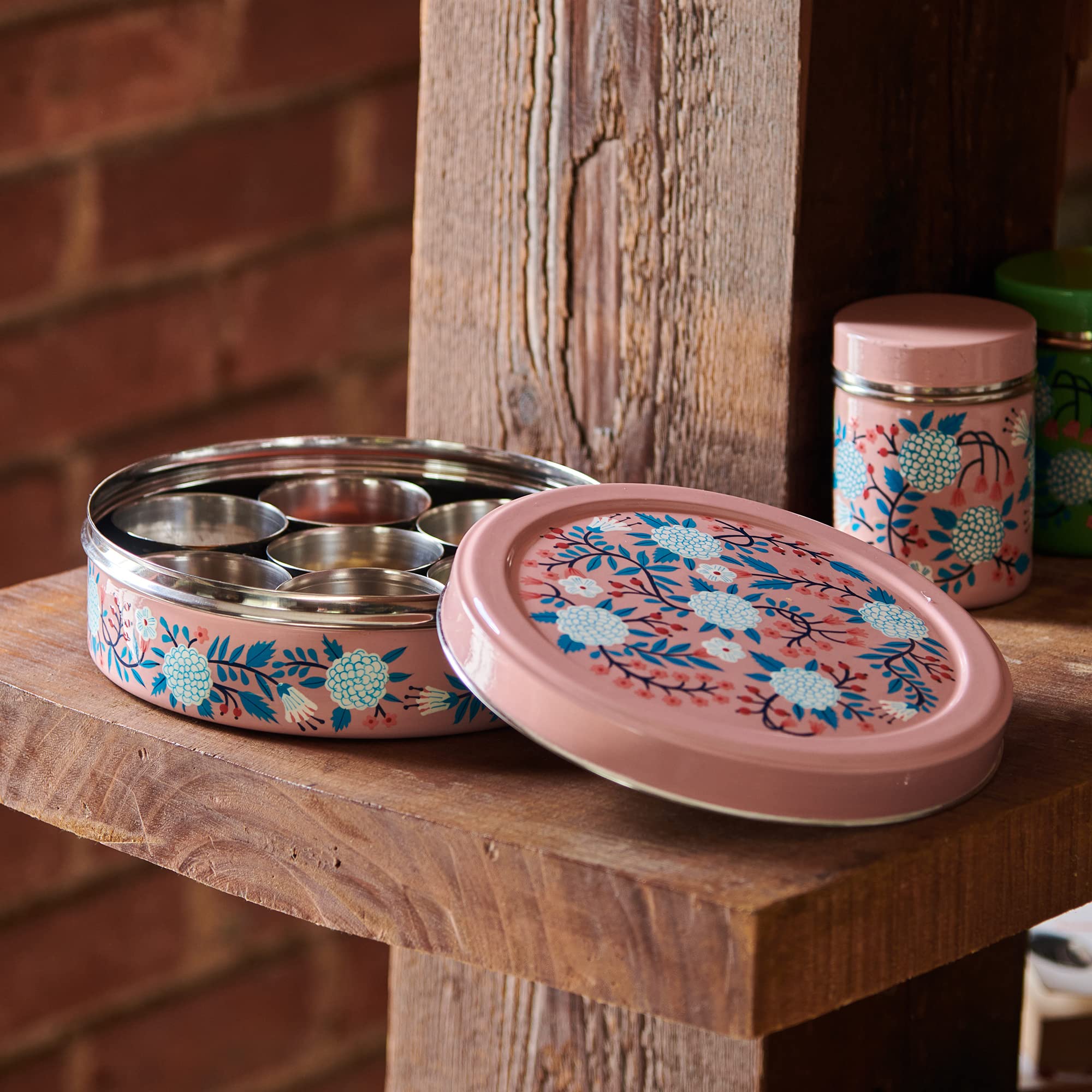 Chumbak Peachy Floral Spice Box - Stainless Steel Kitchen Storage Container for Spices, Tea, Coffee & Essentials | Multipurpose Organizer for Pantry, Countertop & Dining Table