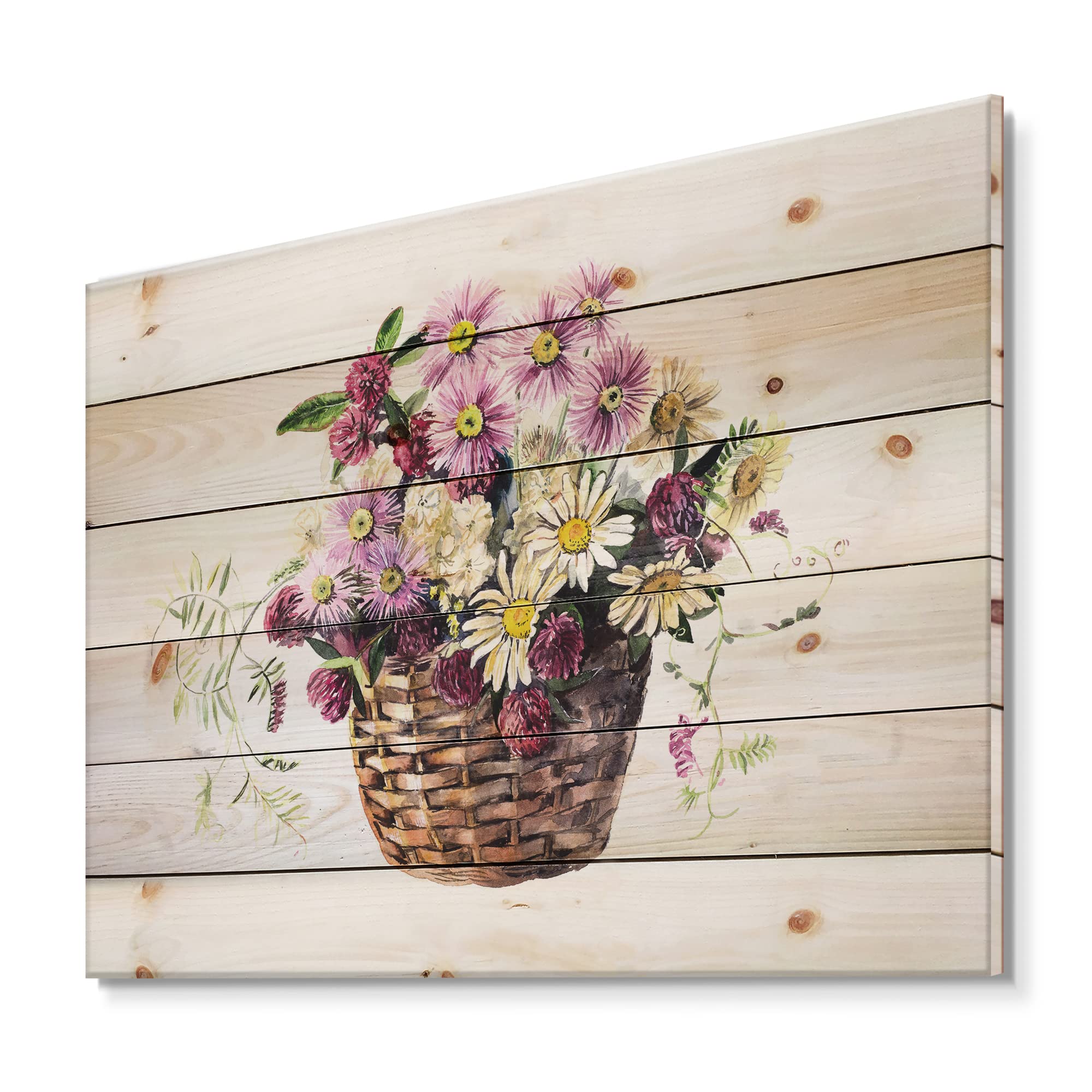 Traditional Wood Wall Decor - Pink Floral Bouquet in Basket, Large Meadow Flowers Wall Art Panel Printed on Natural Pine Wood | Perfect for Farmhouse, Rustic, Boho Home Decor & Living Room, Bedroom, Office Wall Decoration