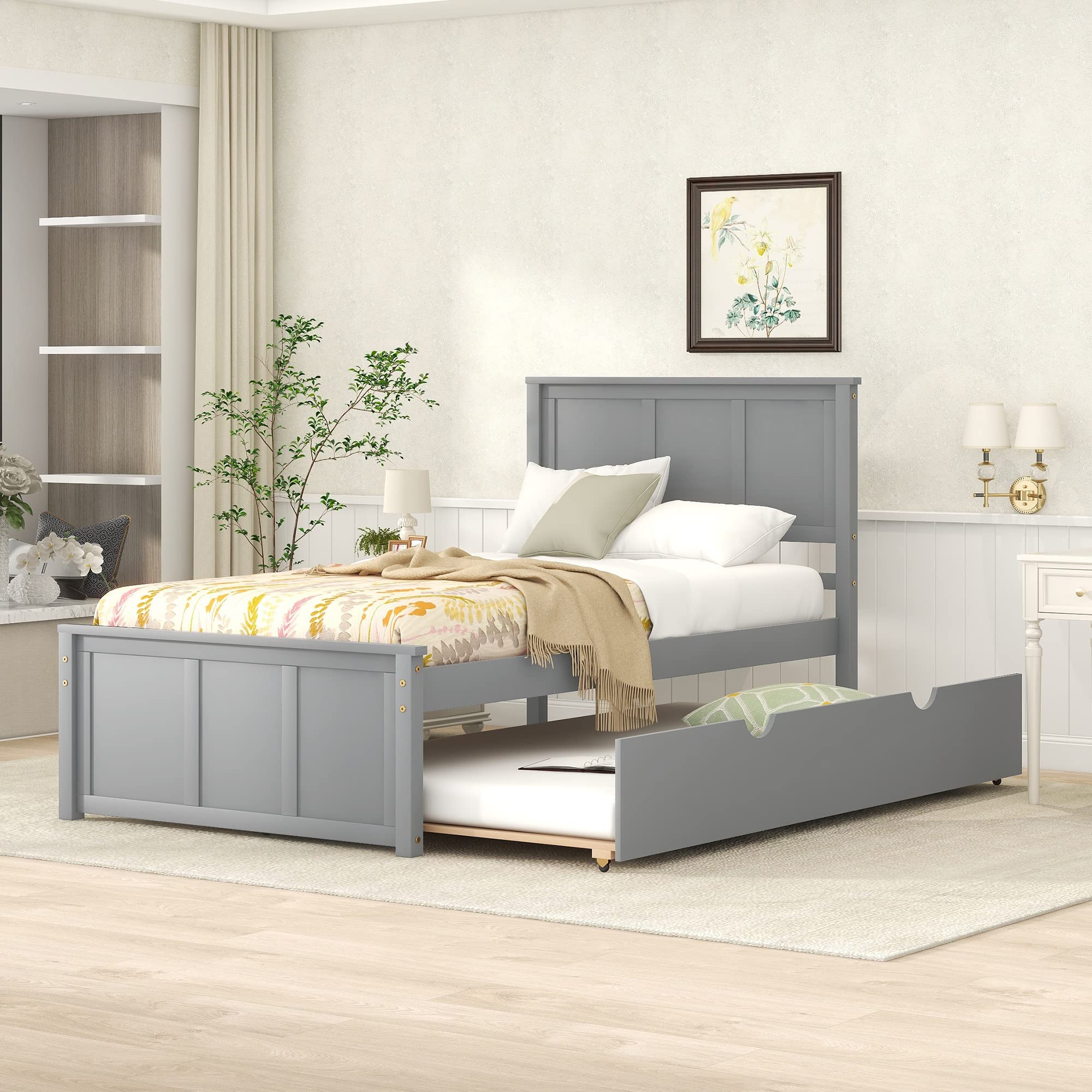 Bellemave Twin Size Wooden Platform Bed with Headboard, Footboard & Trundle - No Box Spring Needed, Space-Saving Grey Bed Frame for Kids Room, Guest Bedroom or Small Apartments