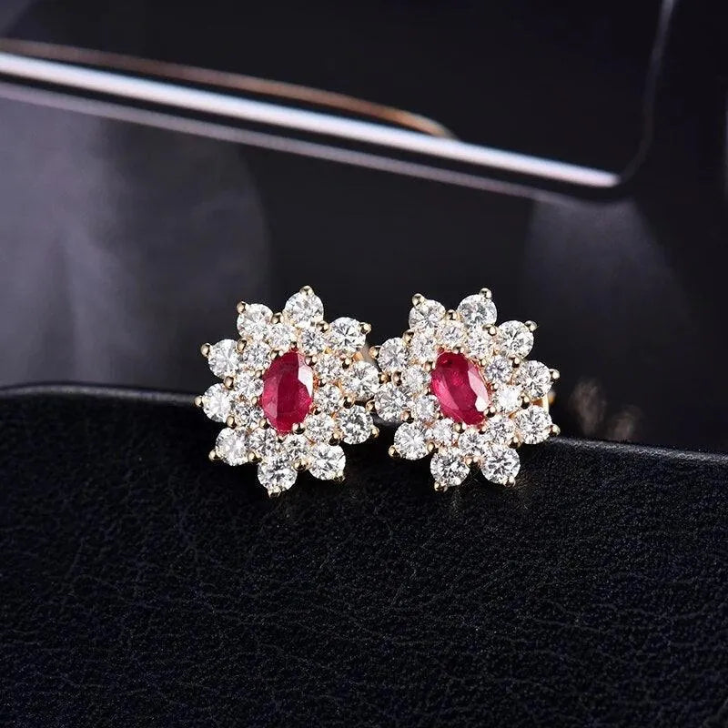 18K Yellow Gold Stud Ruby Earrings for Women - 1.64Ct Oval Natural Ruby with Diamonds, Elegant Engagement & Party Jewelry | Perfect for Weddings, Anniversaries, and Special Occasions