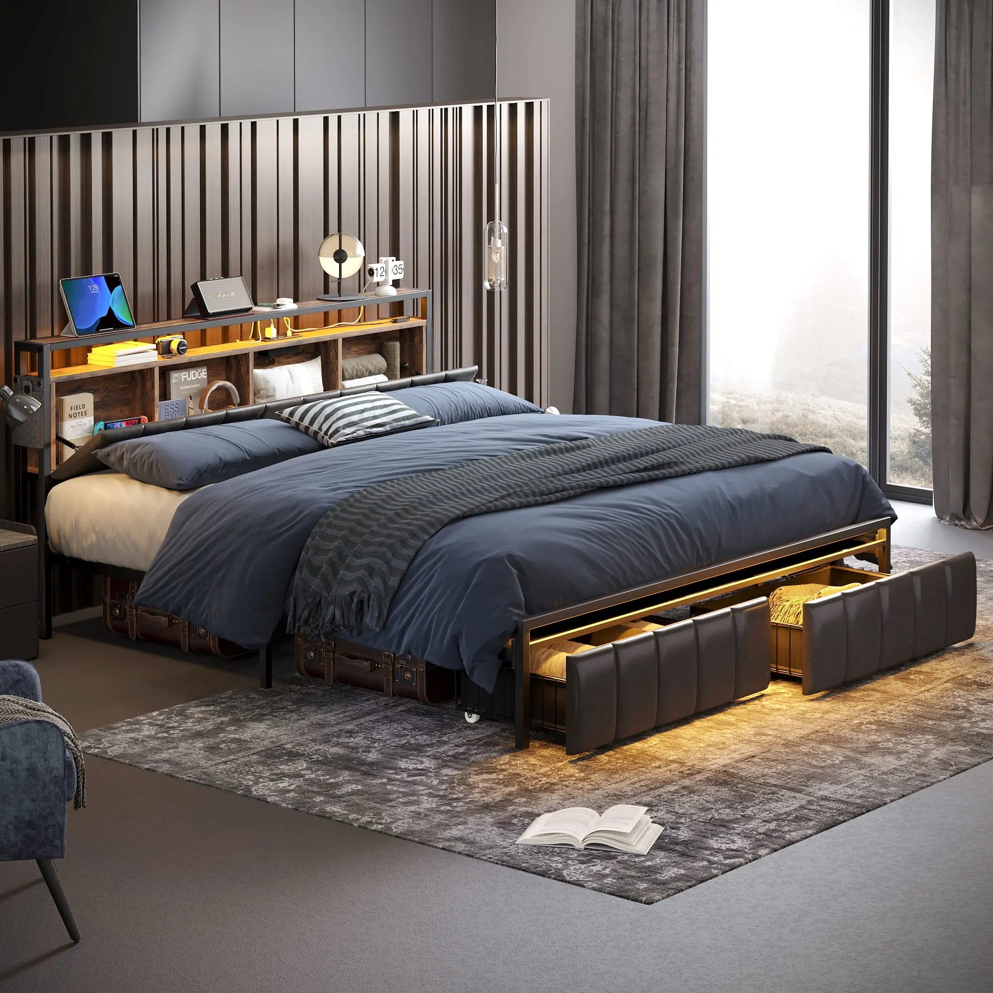 Bestier Black PU Leather King Size Bed Frame with Hidden Storage Headboard - Modern Platform Bed with Upholstered Headboard for Master Bedroom, Guest Room & Apartment
