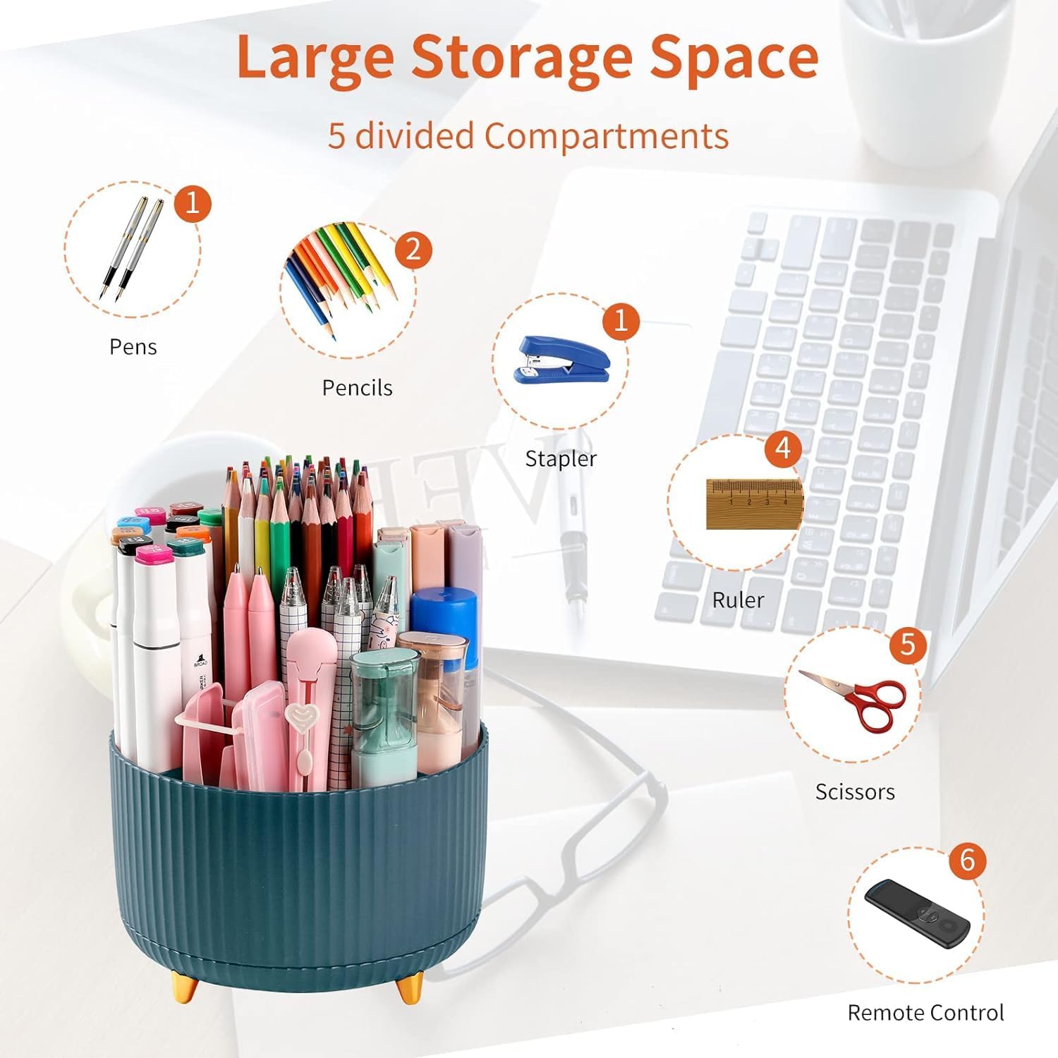 FreshDcart Stylish 5-Slot Rotary Makeup Organizer with Round Tray & Brush Holder - Dark Green Cosmetic Storage for Office Desk, Vanity, Bathroom | Perfect for Makeup Brushes, Lipsticks, Eyeliners & Beauty Tools Organization