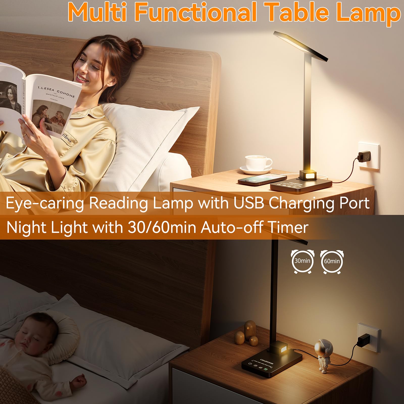 3 in 1 LED Desk Lamp - Dimmable Table Lamp with USB Charging Port & Night Light, 25 Lighting Modes & Multi-Angle Adjustable, Eye-Caring Study Light for College Dorm, Office & Home Workspace | Perfect for Reading, Working & Nighttime Use