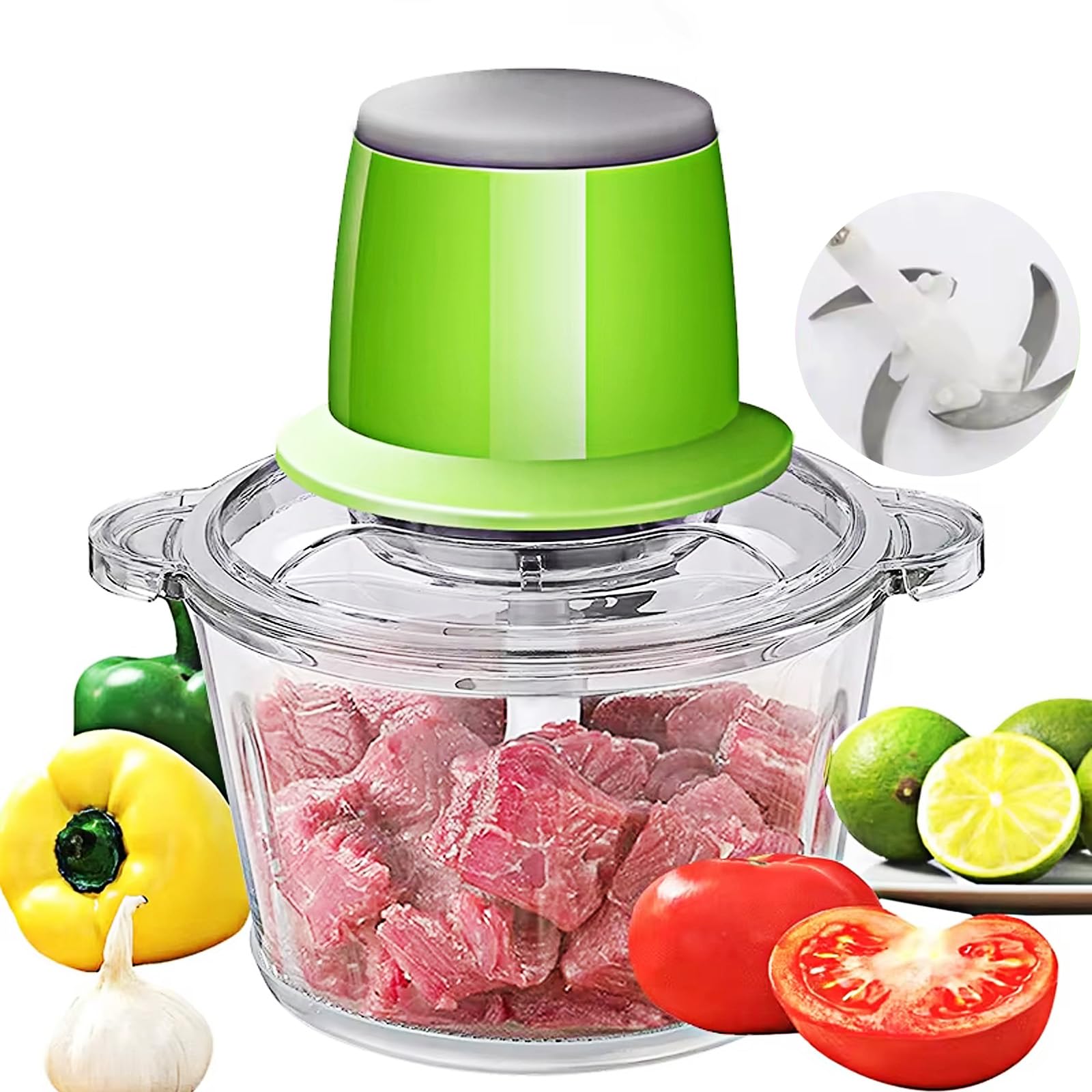 250W Electric Food Processor & Meat Grinder - 8 Cup Bowl, 2 Bi-Level Blades, 2 Speeds - Perfect for Chopping Vegetables, Onions, Garlic, Meat, Nuts & Making Baby Food (2L Capacity) - Ideal for Meal Prep, Cooking, Baking & Healthy Eating