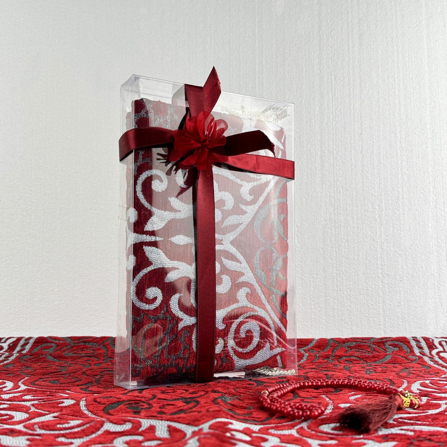 Premium Red Prayer Mat and Tasbih Beads Set - Islamic Prayer Rug with Non-Slip Backing, Perfect for Daily Salah, Eid Gifts & Home Decor