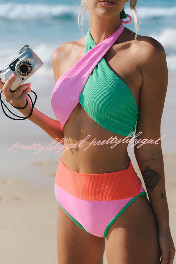 Color Block Halter Neck High Rise Bikini Swimsuit - Summer Brights Ribbed Swimwear for Women | Beach Vacation, Pool Party, Tropical Getaway