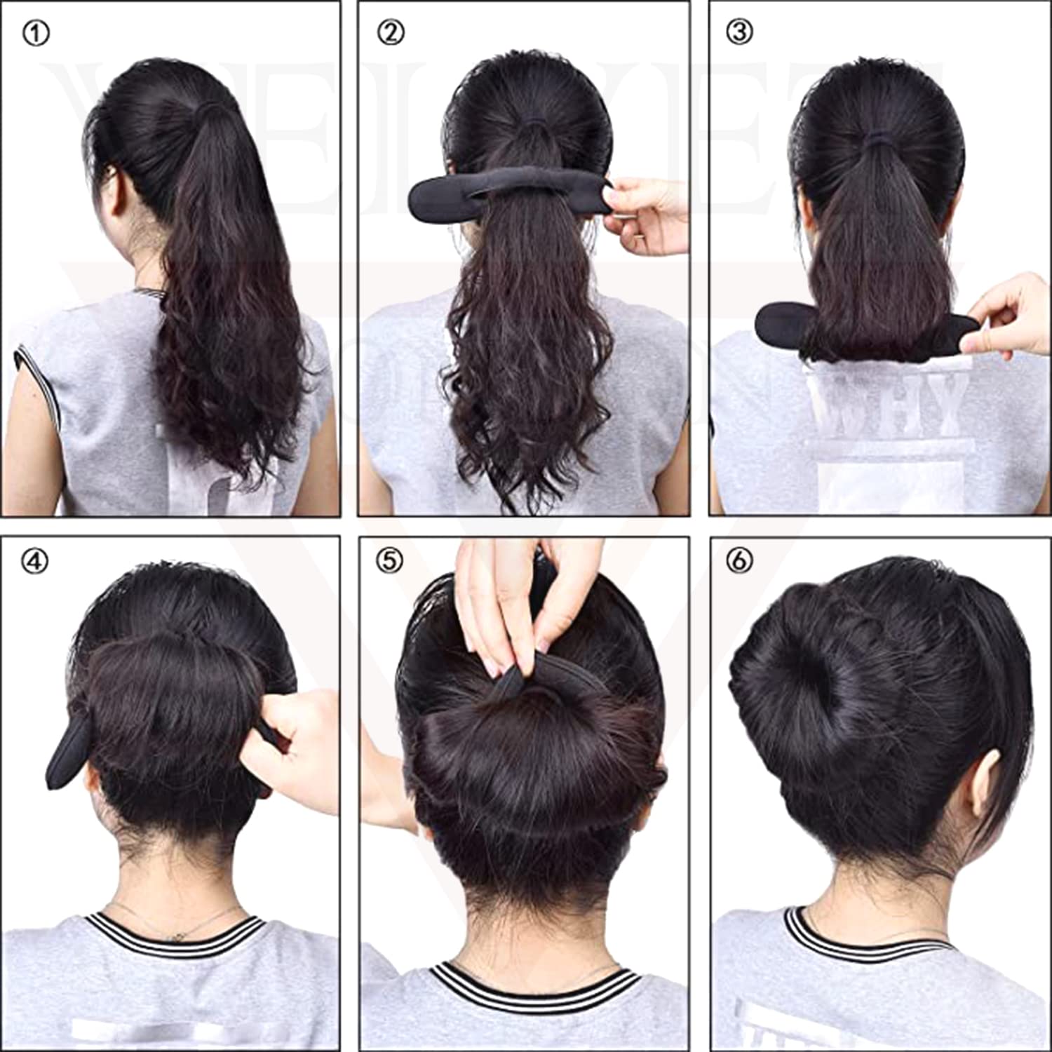 Magic Hair Bun Maker Kit - 6PCS Black Donut Bun Wraps & Ponytail Holders for Women | Easy French Twist Styling Tools | Perfect for Work, Wedding & Everyday Hairstyles