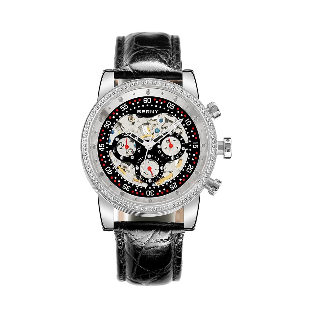 BERNY Men's Automatic Skeleton Watch with Real Diamond Dial - Multi-Function Waterproof Wristwatch with Genuine Leather Strap - Perfect for Business, Formal Events & Everyday Wear