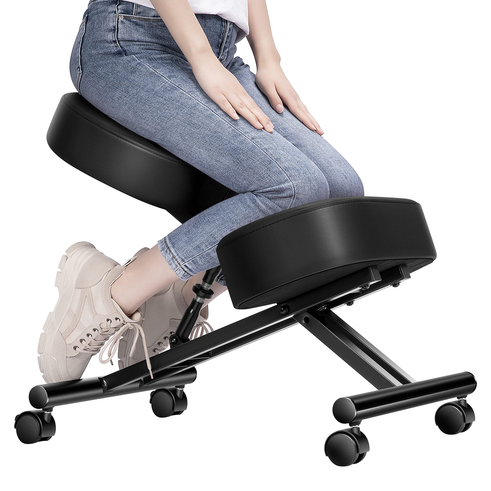 Ergonomic Kneeling Chair - Adjustable Posture Support Stool with Thick Memory Foam Cushion & 360° Swivel Casters - Home Office & Meditation Seat for Back Pain Relief & Better Posture