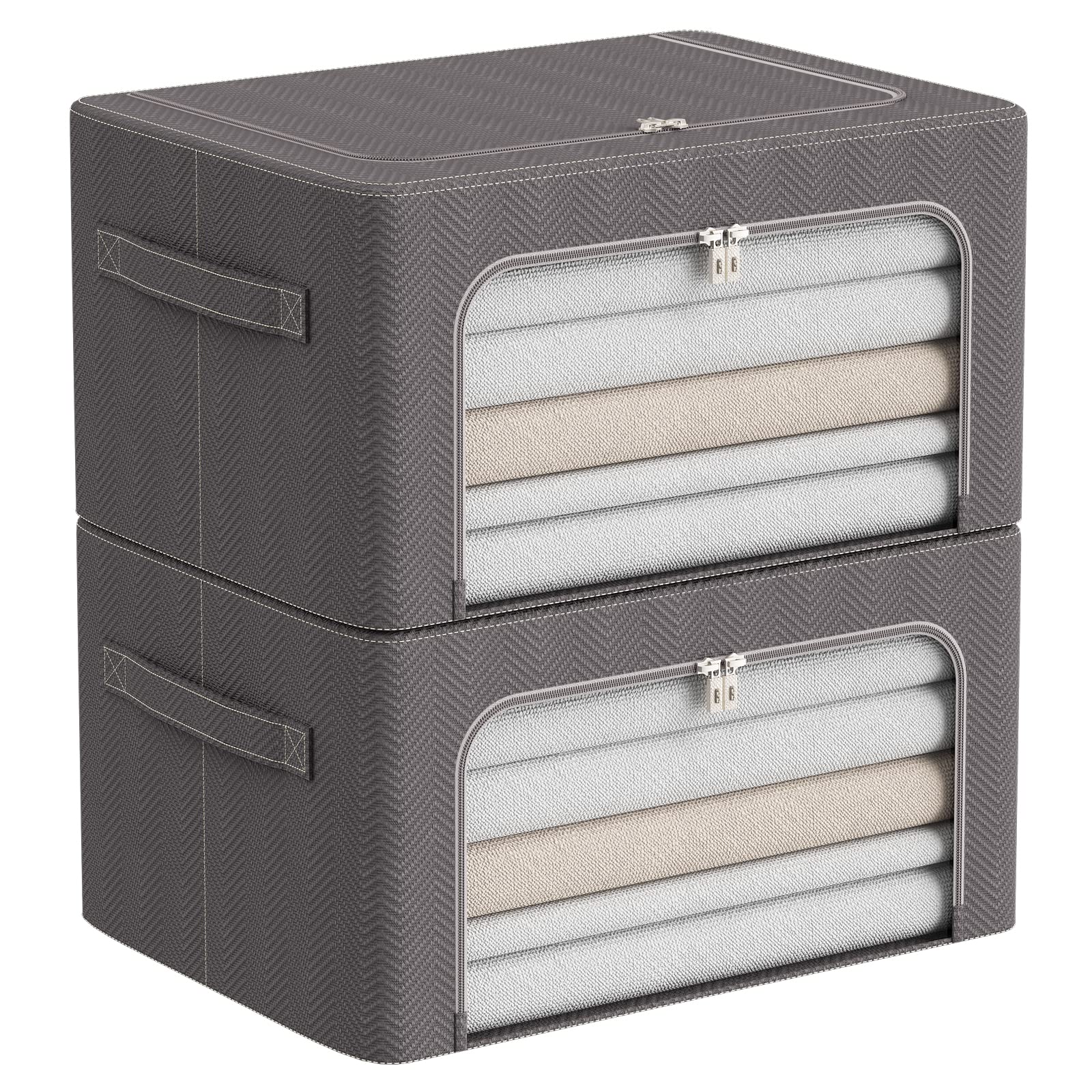 Foldable Clothes Storage Bins 2 Pack - Stackable Metal Frame Organizer Box with Clear Windows & Carry Handles for Blankets, Toys, Seasonal Clothing (22L, Grey) - Perfect for Closet, Nursery, Dorm Room Organization