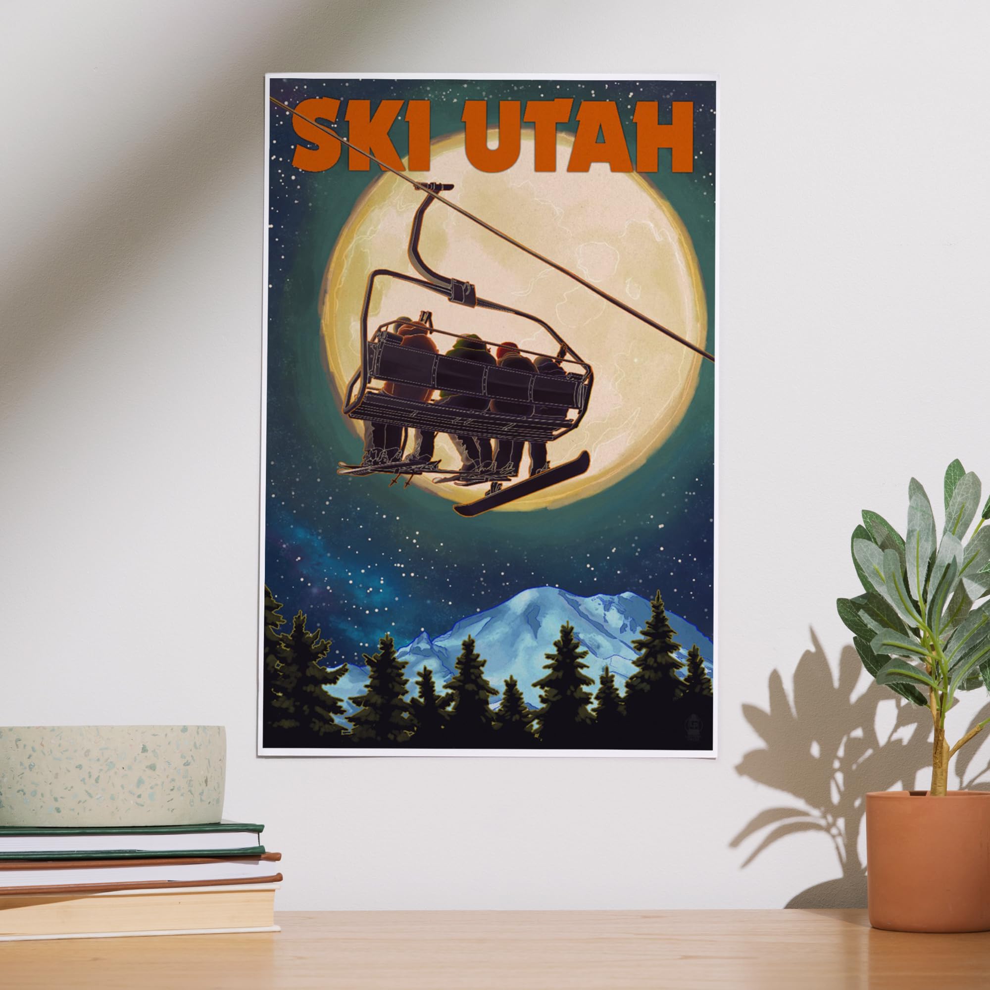 Lantern Press 12x18 Inch Ski Utah Art Print - Mountain Ski Lift & Full Moon Wall Decor for Home, Office & Cabin | Winter Sports & Mountain Theme Decor