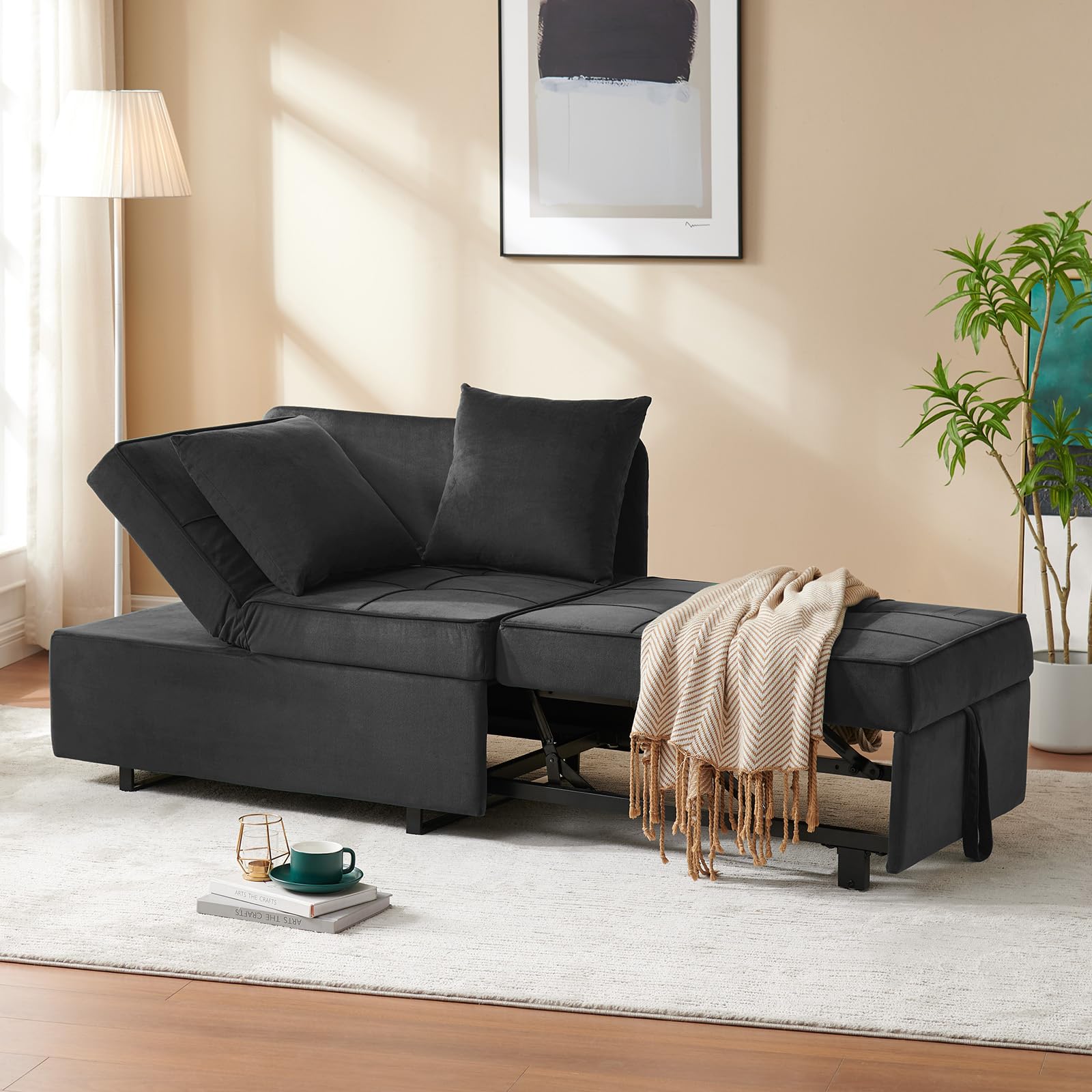 4-in-1 Convertible Velvet Sofa Bed with USB Ports - Sleeper Sofa Chair, Pull Out Futon Couch & Ottoman Bed - 5 Adjustable Backrest & Pillow - Dark Grey for Small Spaces, Living Room, Guest Room & Studio Apartments