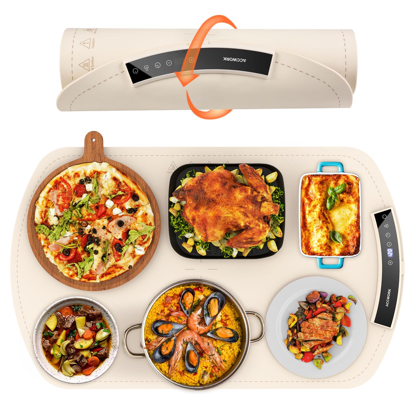 Accwork Electric Food Warmer Mat with 9 Temperature Settings & 4-Hour Timer, Foldable Silicone Heating Tray for Keeping Meals Warm - Perfect for Parties, Buffets, and Home Dining