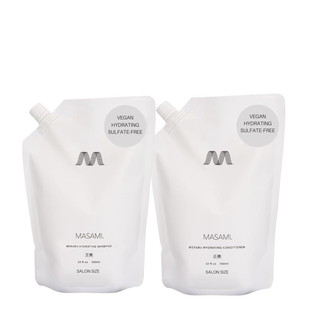 MASAMI Mekabu Hydrating Shampoo & Conditioner Refill Pouches - Vegan, Cruelty-Free, Salon Quality for All Hair Types | Deep Moisture for Dry, Damaged Hair | Perfect for Home & Travel Use