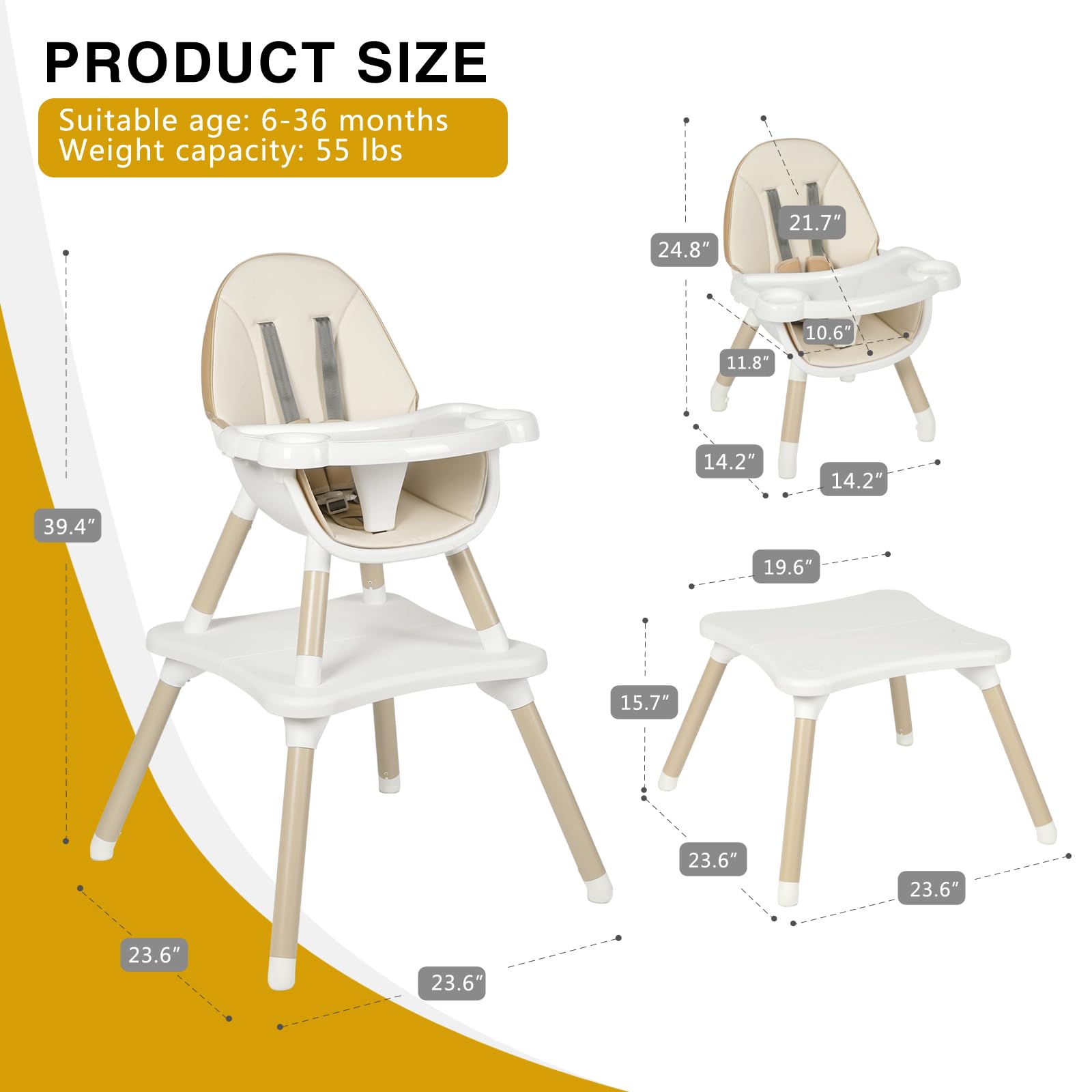 Gofirst 6-in-1 Convertible Baby High Chair with 5-Point Harness - Adjustable Toddler Booster Seat, Feeding Chair & Table Set - 4-Position Removable Tray & PU Cushion - Perfect for Dining, Weaning & Playtime at Home
