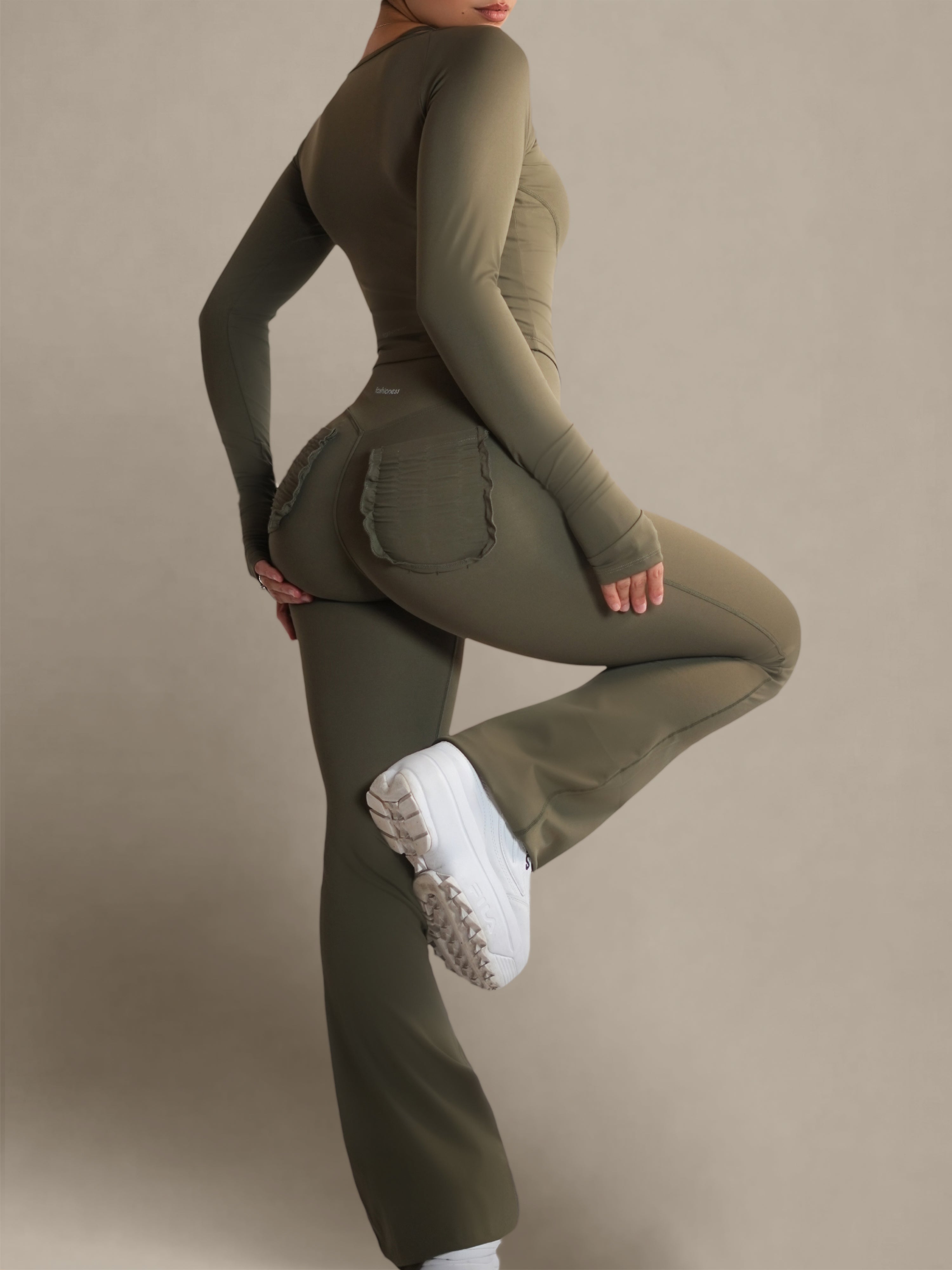 Bratty High Waisted Flare Leggings for Women - Olive Green Yoga Pants, Stretchy Bootcut Workout Leggings - Perfect for Yoga, Gym & Casual Wear