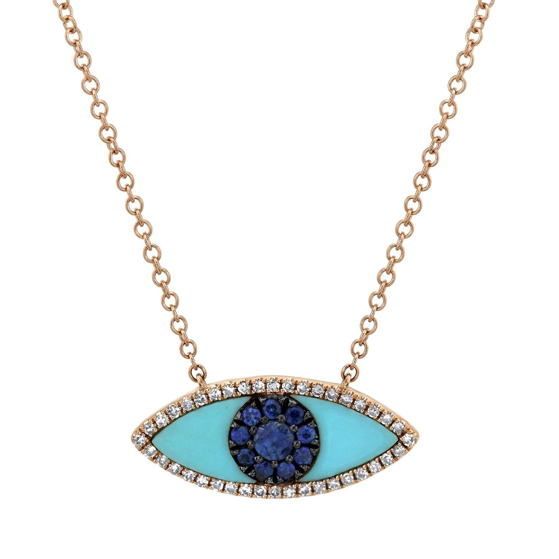 14K Gold 0.74 CTW Blue Sapphire Diamond & Composite Turquoise Evil Eye Necklace - Protection Jewelry for Women, Gift for Her, Boho Chic Style Accessory