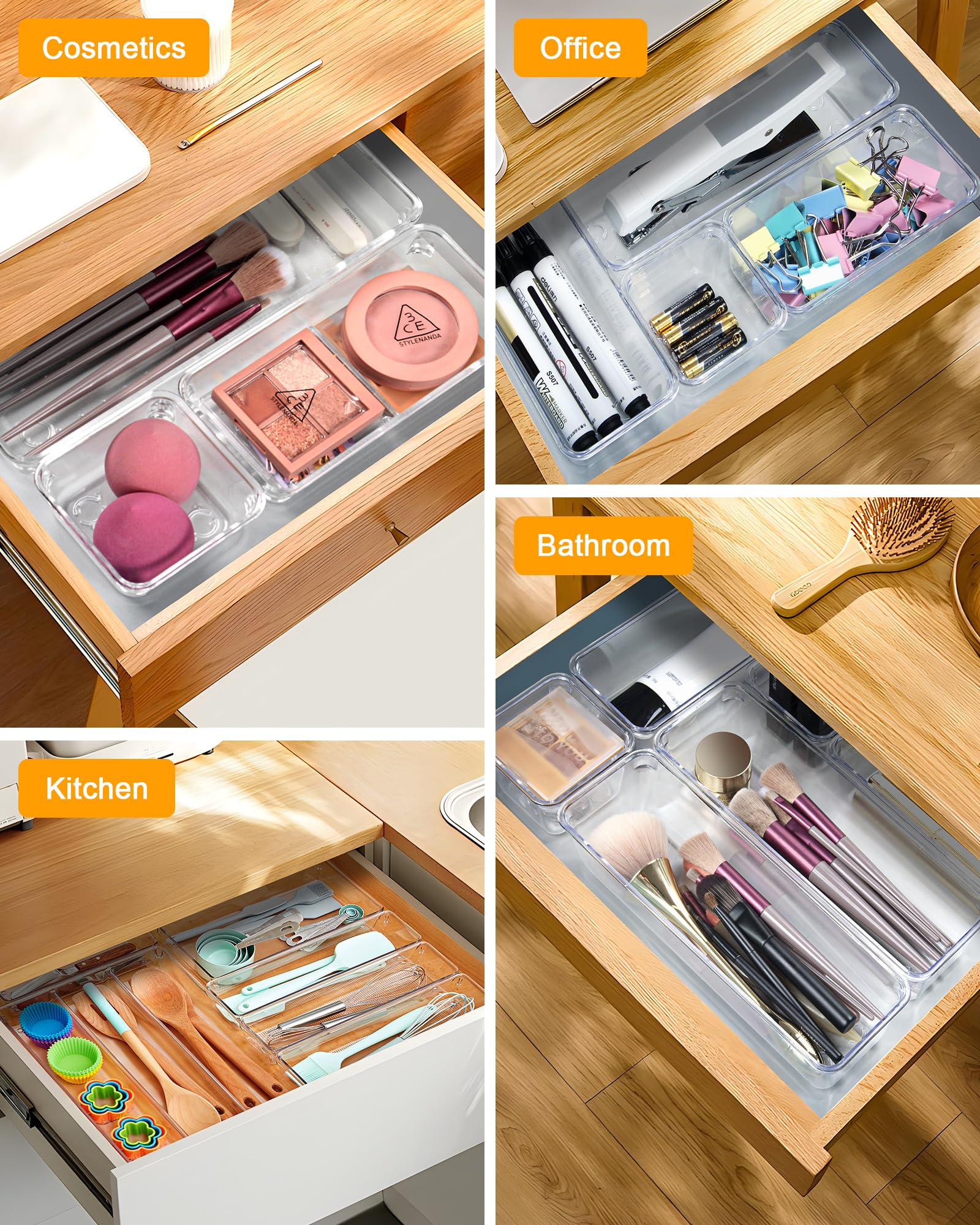 44-Piece Clear Plastic Drawer Organizer Set - 4-Size Stackable Storage Bins for Bathroom Vanity, Makeup, Kitchen Utensils & Office Supplies - Space-Saving Drawer Dividers for Home & Office Organization