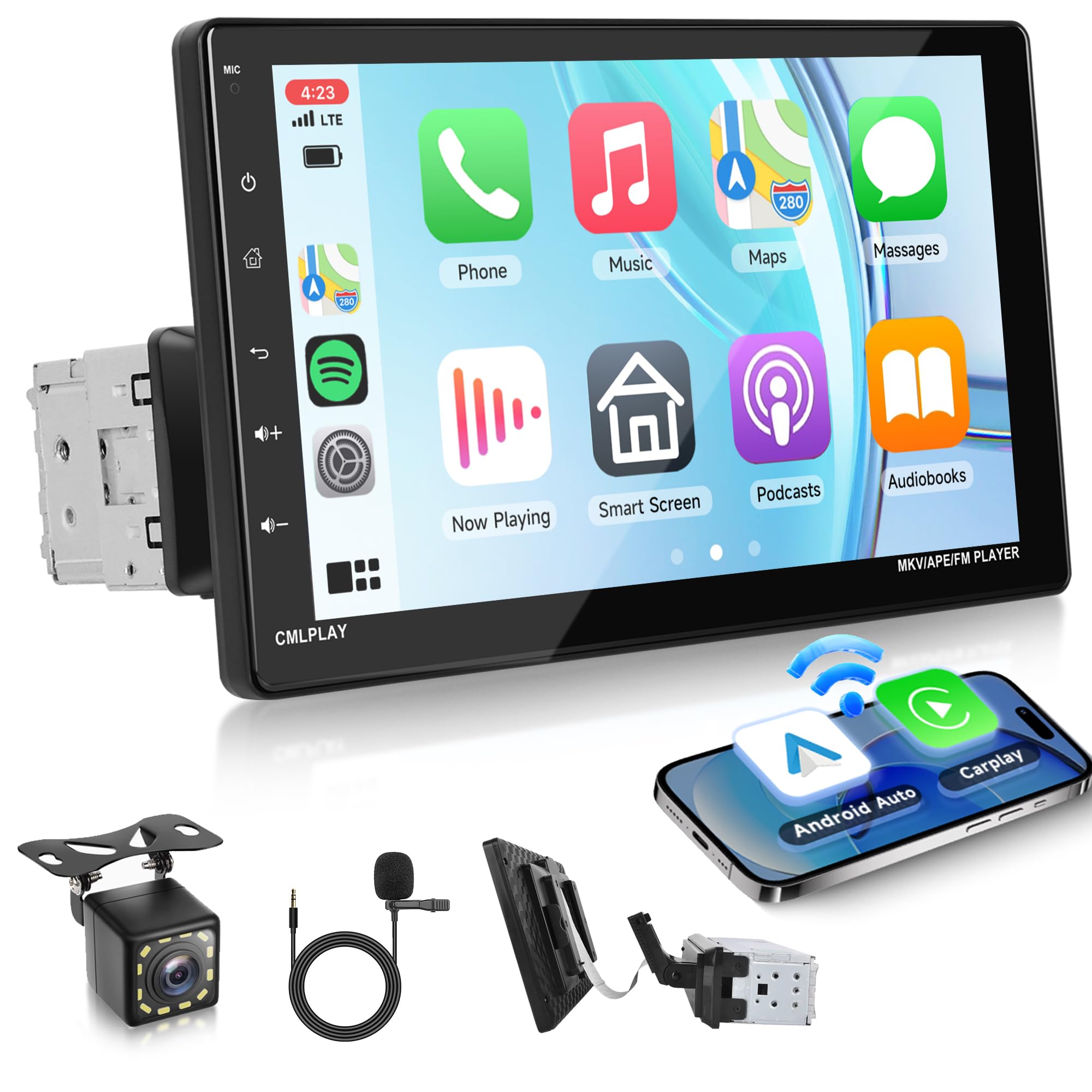 Rimoody 9 Inch Single Din Wireless CarPlay & Android Auto Car Stereo - Bluetooth, FM Radio, Mirror Link, Touch Screen, TF/USB/AUX Input, Backup Camera - Perfect for Commuting & Road Trips