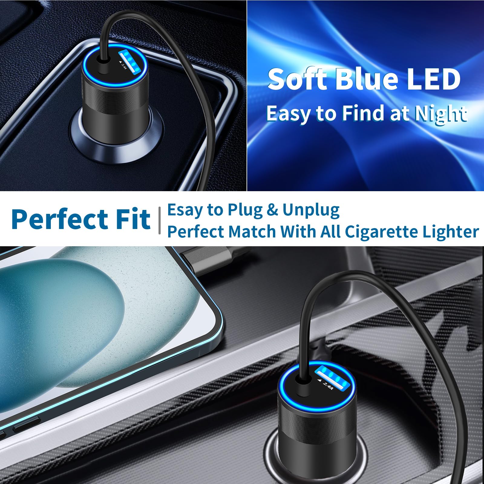 Apple MFi Certified Fast Car Charger for iPhone 15 - 4.8A Dual USB & USB-C Car Charger with 6FT Type-C Cable - Compatible with iPhone 15 Pro/Pro Max, Galaxy S24/S23, Pixel, iPad Pro - Perfect for Road Trips & Daily Commuting