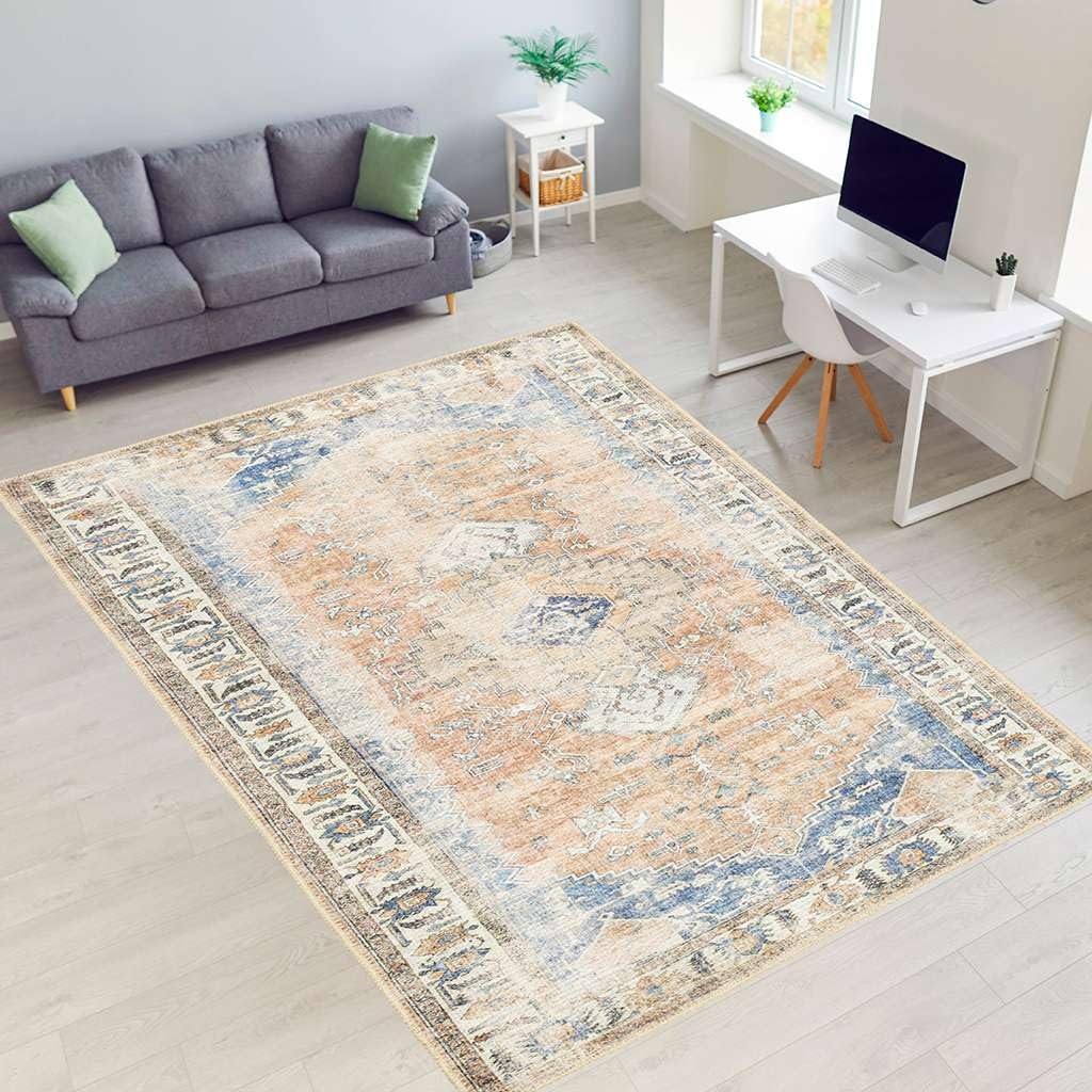 Softwoven Vintage Design 6x9 Area Rug - Machine Washable, Non-Slip, Stain Resistant & Pet Friendly - 90% Cotton Living Room & Hallway Rug in Blue & Light Brown - Perfect for High Traffic Areas & Cozy Home Decor