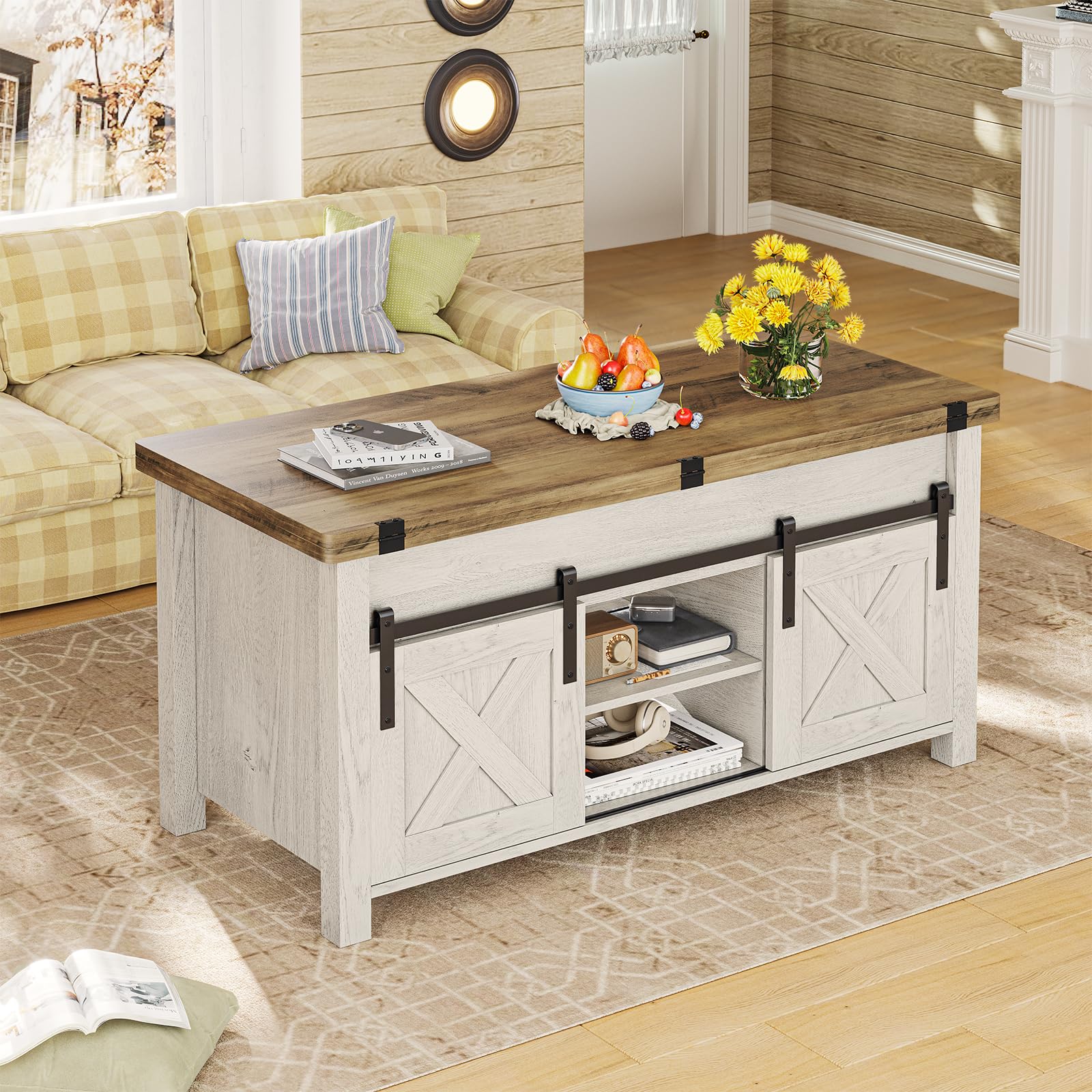 SEDETA 4-in-1 Lift Top Coffee Table with Storage & Hidden Compartment - Convertible Farmhouse Coffee Table to Dining Table for Living Room, Rustic Brown - Perfect for Small Spaces, Entertaining & Multifunctional Home Decor