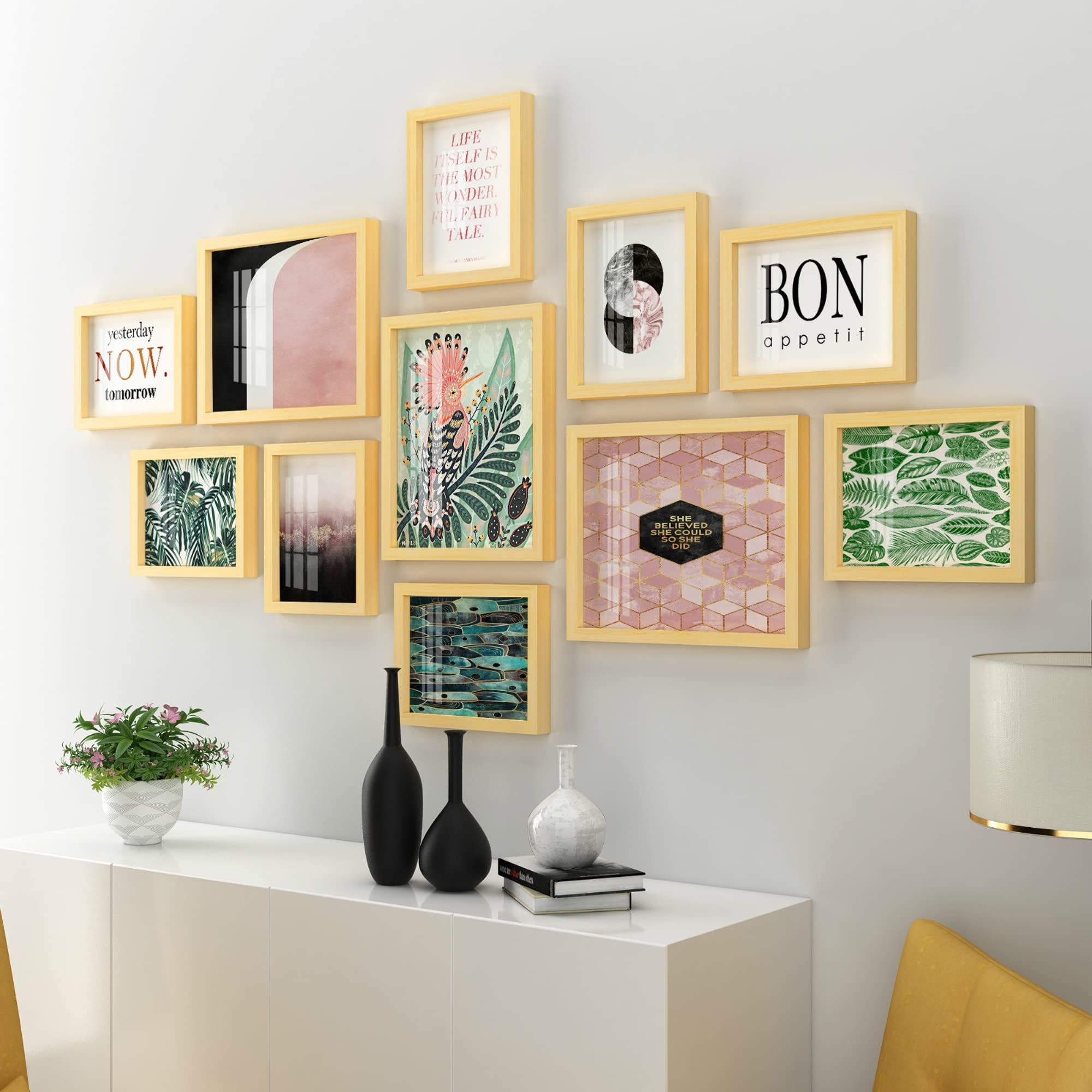 SKTYEE 11-Picture Multi Photo Frame with Glass - Baby & Family Collage Wall or Tabletop Display - Hanging & Standing Frame for Landscape & Portrait Photos - Perfect for Nursery, Living Room & Office Decor
