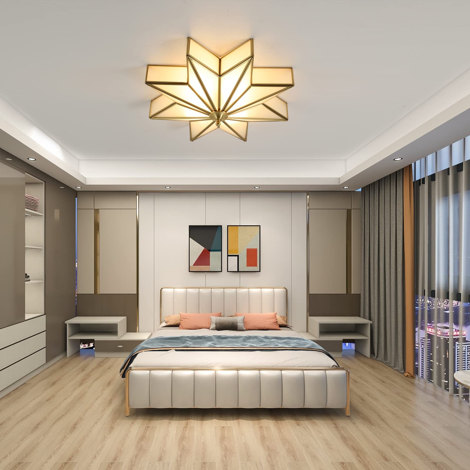 Vintage Star-Shaped Antique Brass Flush Mount Ceiling Light Fixture - 4-Light Bedroom Lighting with Frosted Glass Shade (Bulbs Included) - Perfect for Bedroom, Living Room, Dining Room & Hallway Lighting