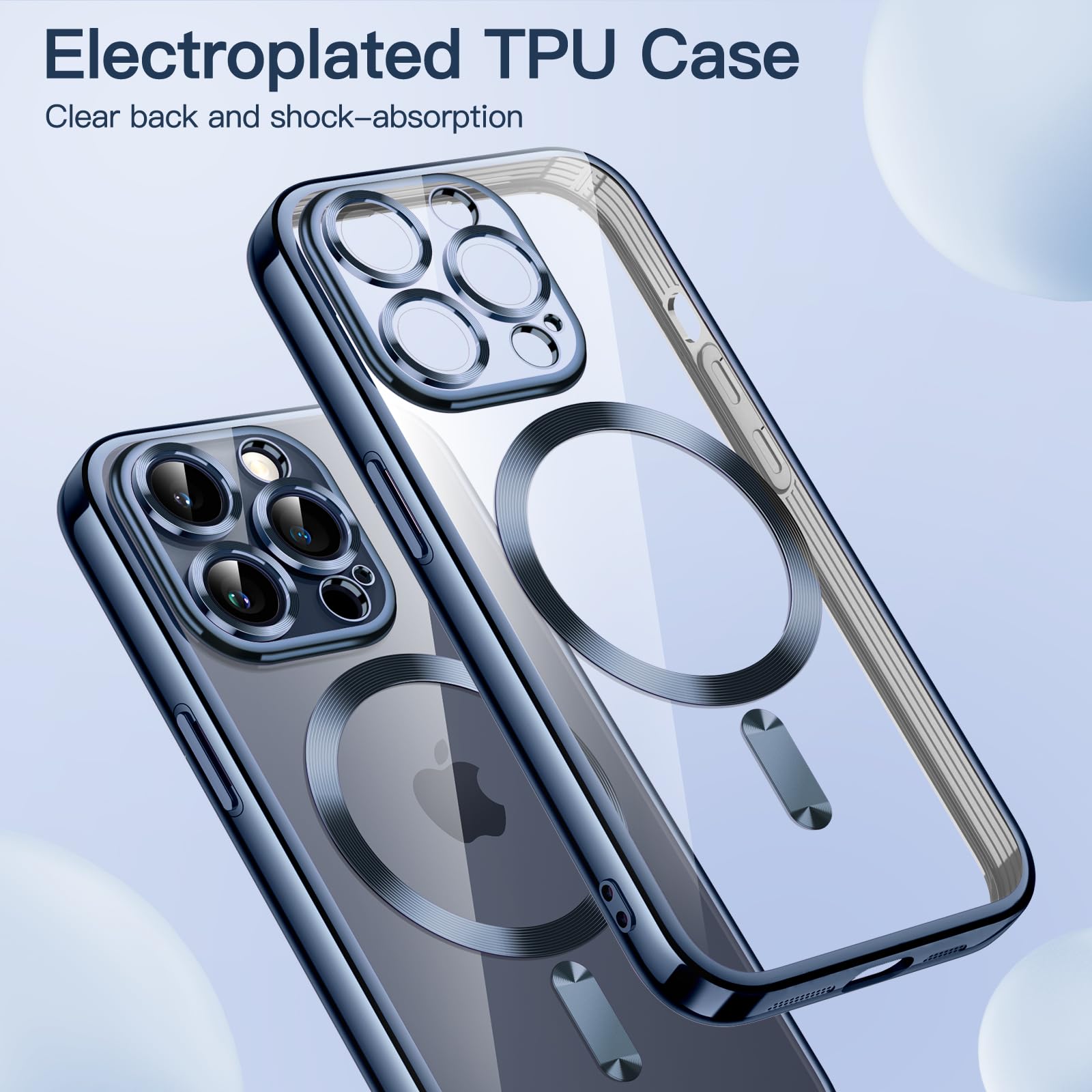 JETech iPhone 15 Pro Max Case 6.7 Inch - Soft Clear Shockproof TPU Cover with Camera Protection | Magsafe Compatible Wireless Charging | Electroplated Blue Design for Everyday Use & Travel Protection