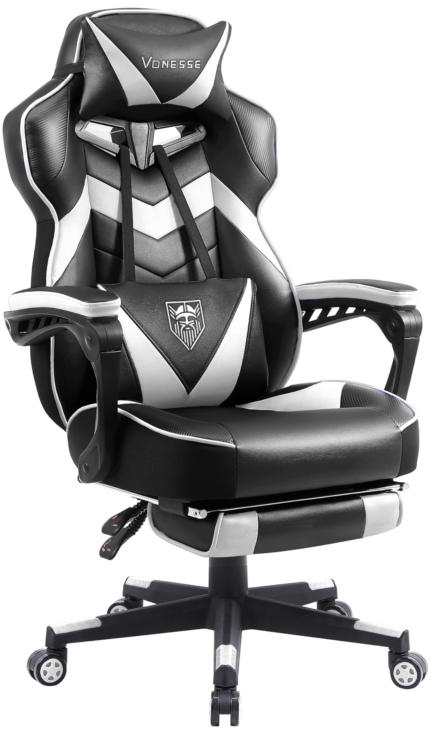 Vonesse Ergonomic Gaming Chair with Adjustable Footrest - High Back Computer Office Chair with Lumbar Massage - Reclining Big & Tall Gamer Chair for Adults (Black/White) - Perfect for Esports, Streaming & Home Office Setup