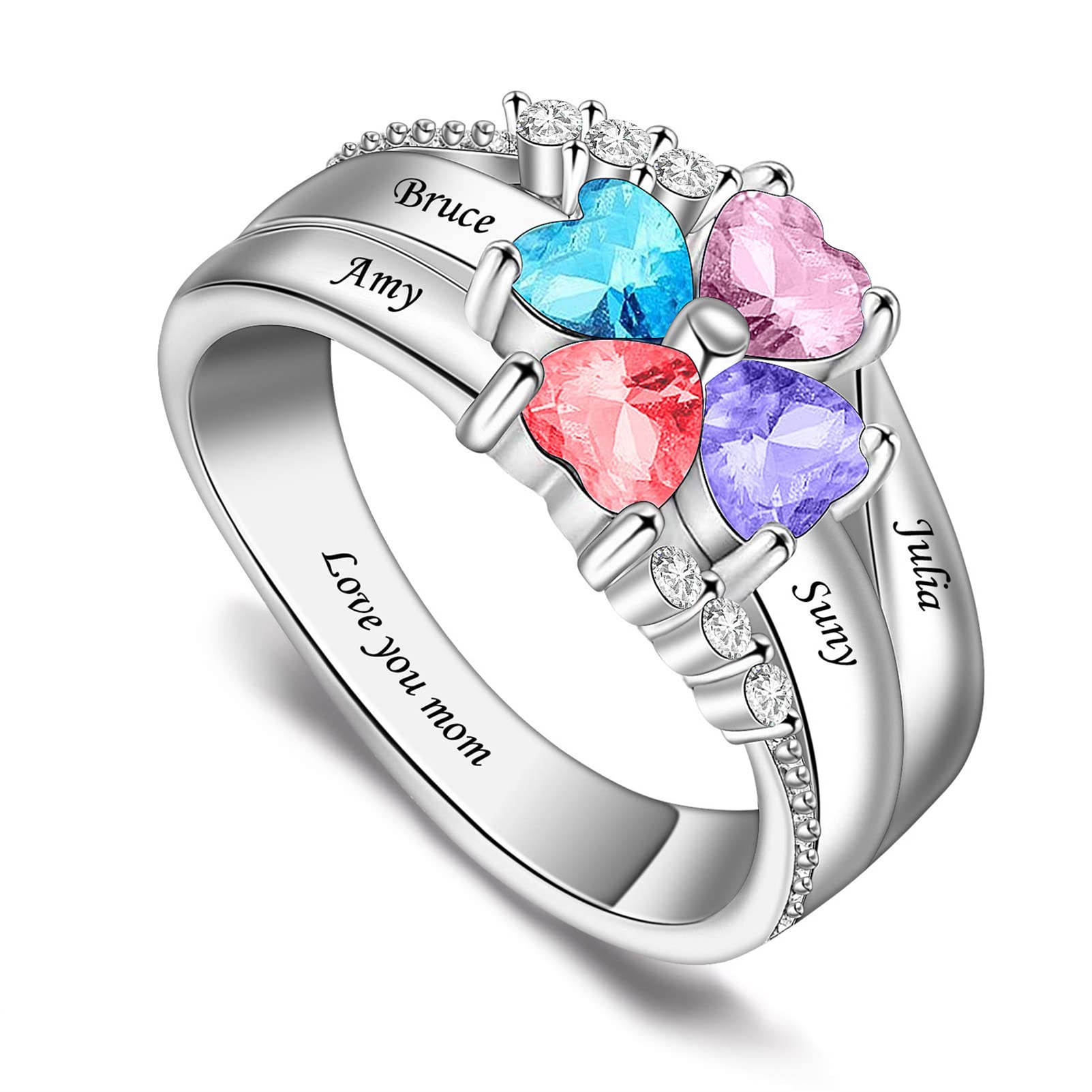 BAUMA AUTO Personalized Sterling Silver Mother's Ring with 4 Simulated Birthstones - Meaningful Family Jewelry Gift for Mom, Christmas, Mother's Day - Perfect for Special Occasions & Everyday Wear