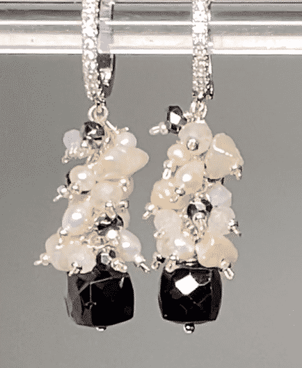 Elegant Black Spinel Pearl Moonstone Cluster Earrings for Women | Handmade Boho Chic Jewelry | Perfect for Weddings, Parties & Special Occasions